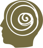 Stylized graphic of a human head with a spiral inside, representing thought or mind.