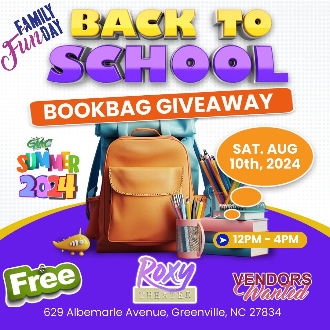 POP-UP BOOKBAG GIVEAWAY

Saturday, August 10th, 2024 from 12pm-4pm at the Roxy Theater on Albemarle! The first 100 people will receive FREE Kona Ice! 

Bring the family for games, fun and supplies for the upcoming school year. Celebrate with us on su