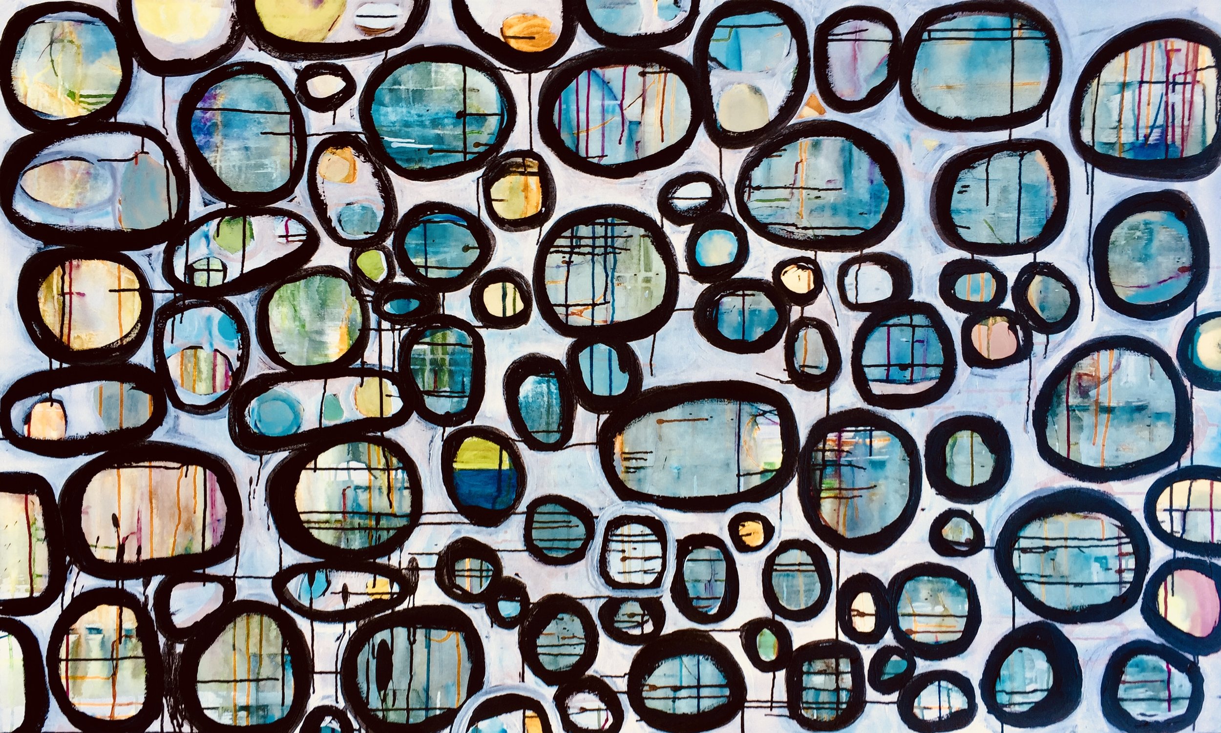 "Co-habitating" 50"x70"x2"Acrylic, Oil and Ink on Canvas