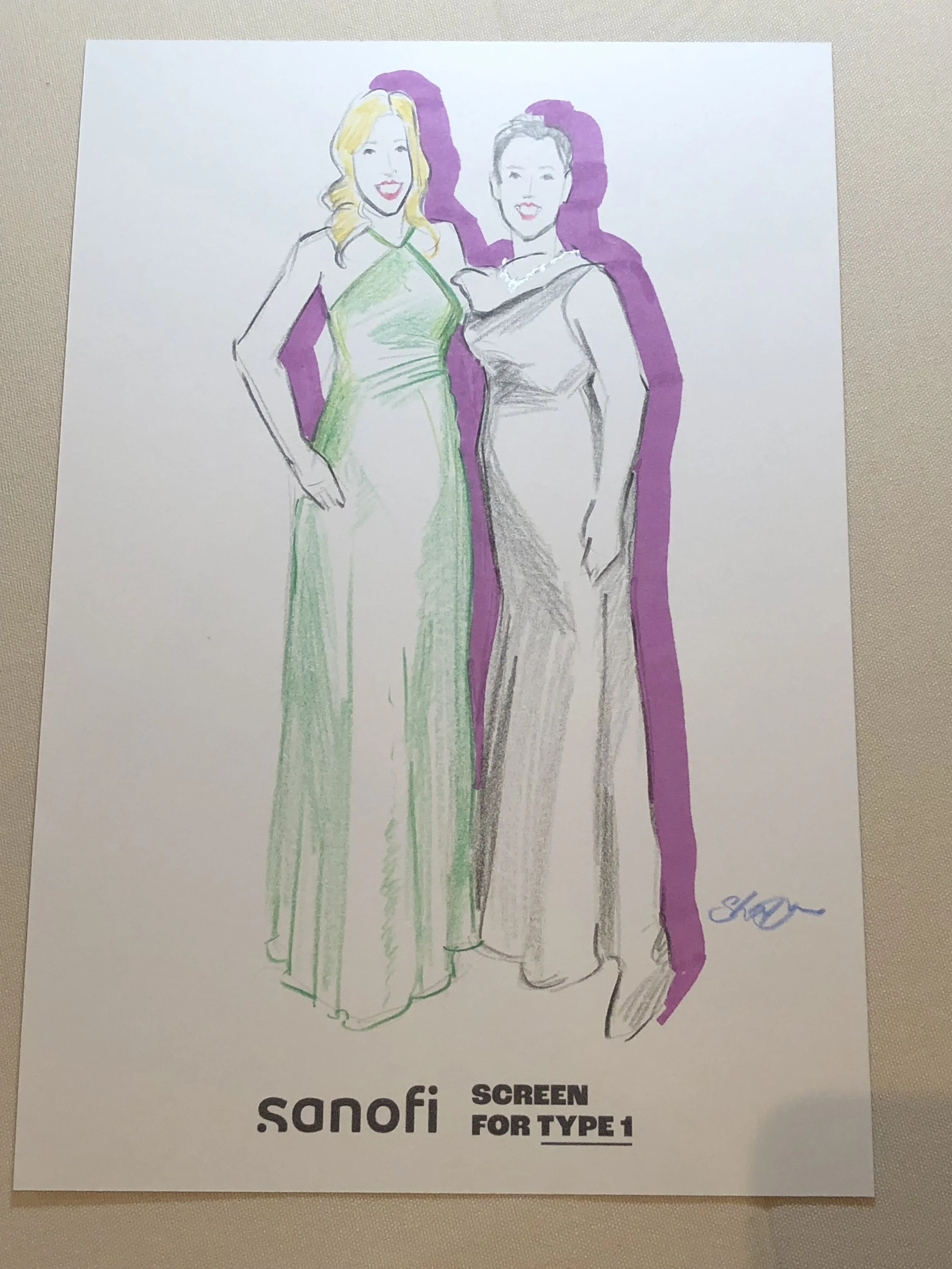 Colored sketch of two women in elegant dresses, one in a sleeveless green gown and the other in a long, off-the-shoulder gown, with a purple shadow highlighting their figures. The sketch has a signature at the bottom right and includes the text 'Sano