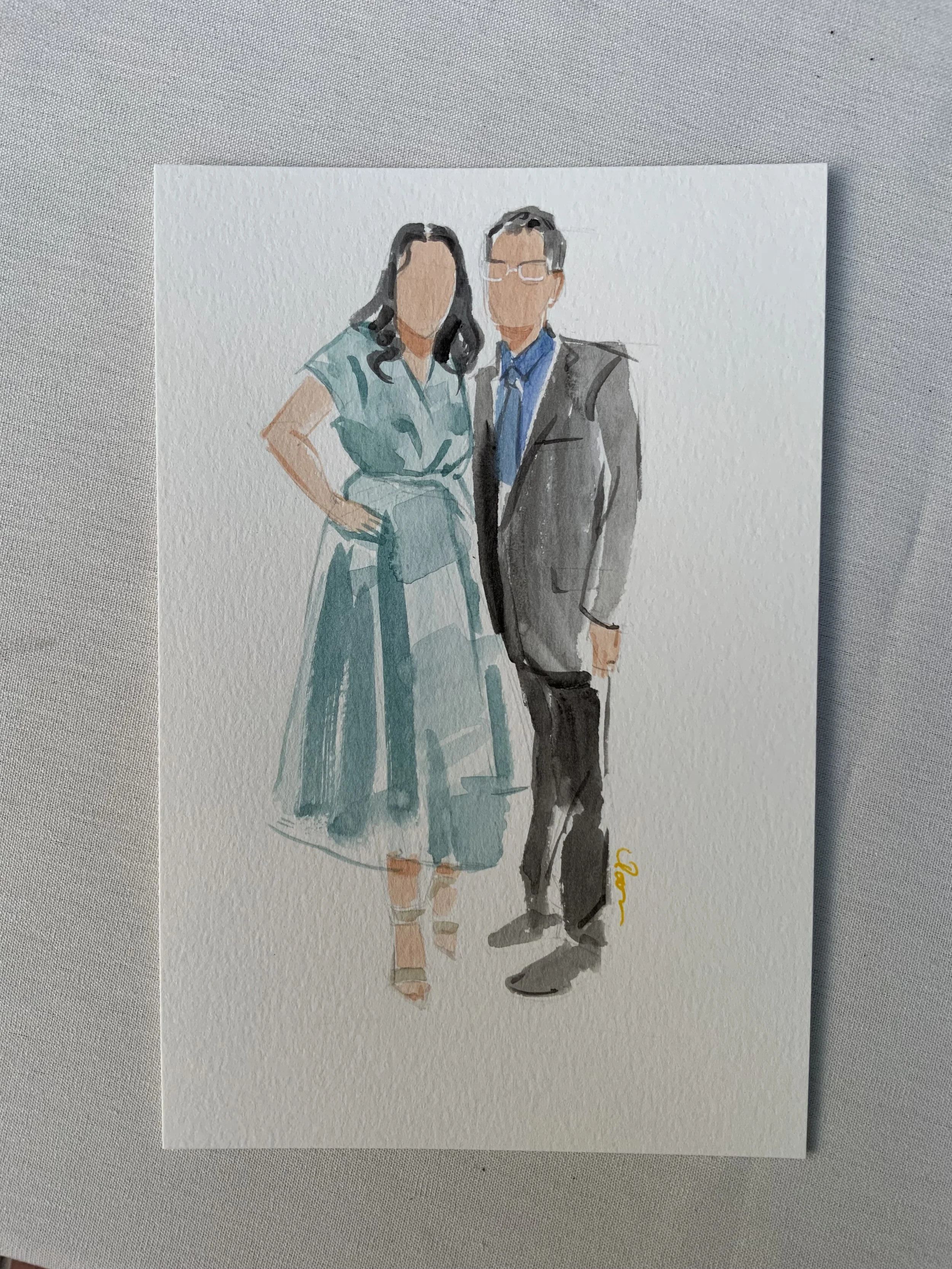 Watercolor illustration of a man and woman standing together, dressed formally. The woman is wearing a teal dress and heels, with one hand on her hip. The man is wearing glasses, a gray suit, and a blue tie.