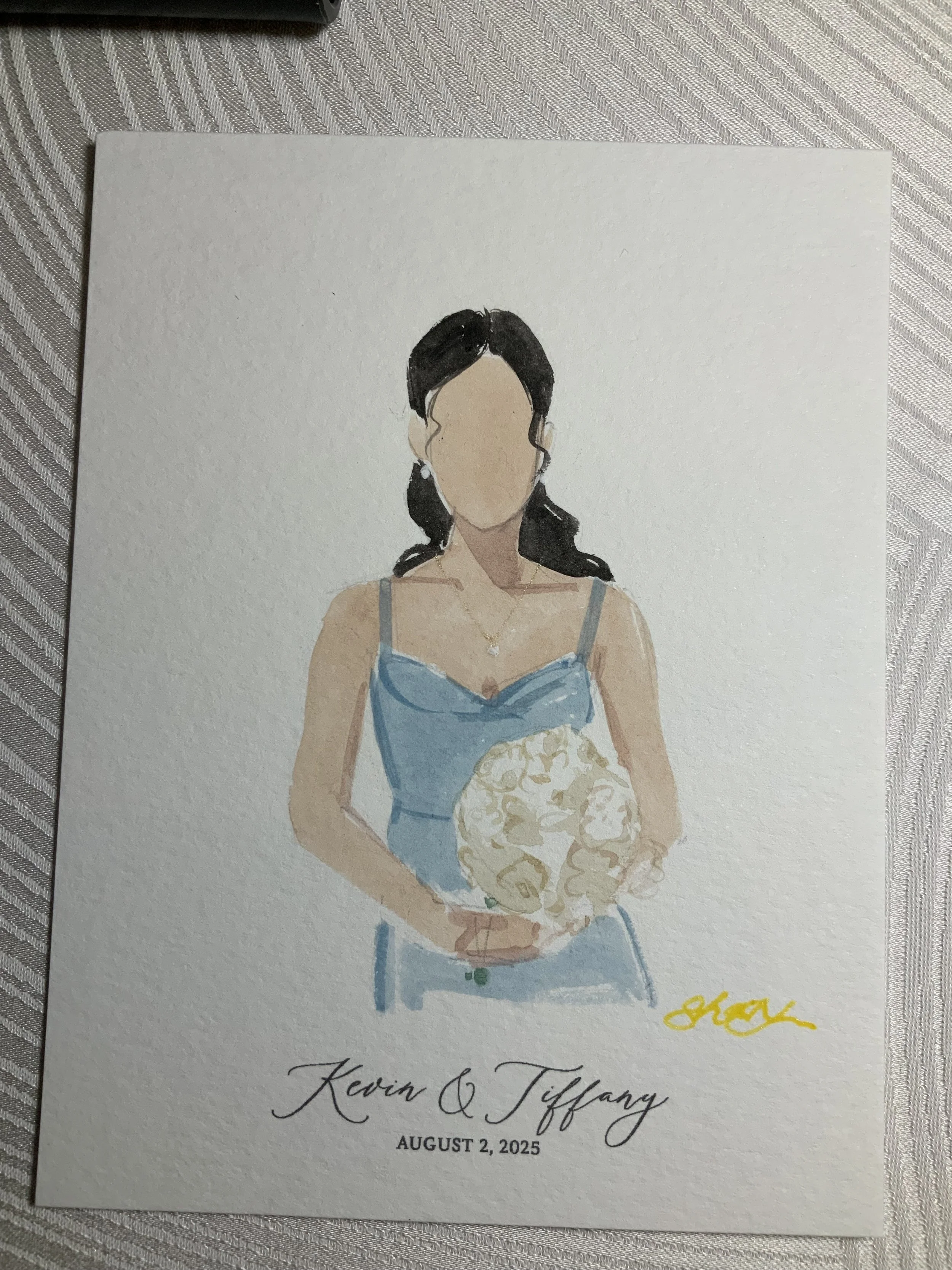 A watercolor illustration of a woman with dark hair holding a bouquet of white flowers, with the names Kevin & Tiffany and the date August 2, 2025 printed below.