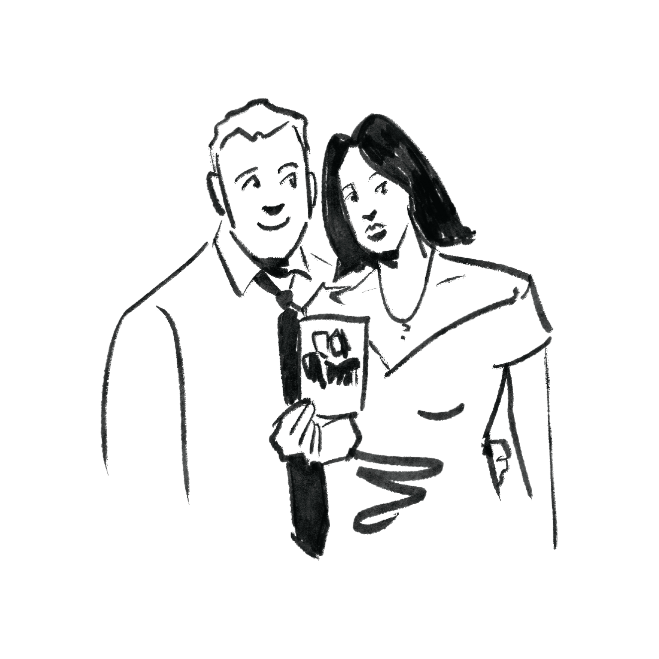 Line drawing of a smiling man and woman holding a drink together, with the woman wearing a dress and the man wearing a shirt and tie.