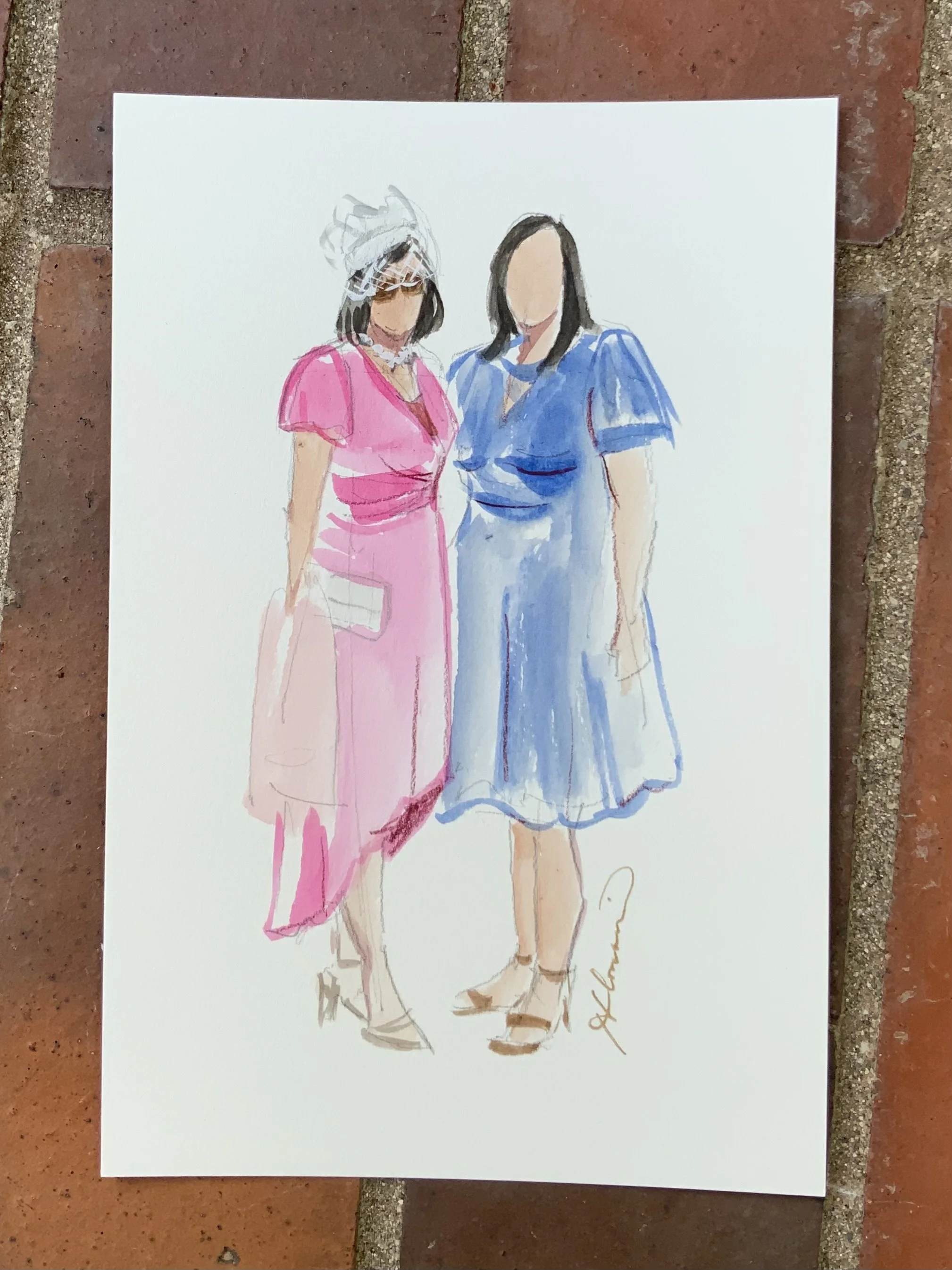 A watercolor illustration of two women in vintage dresses, one in pink and the other in blue, standing together against a white background.