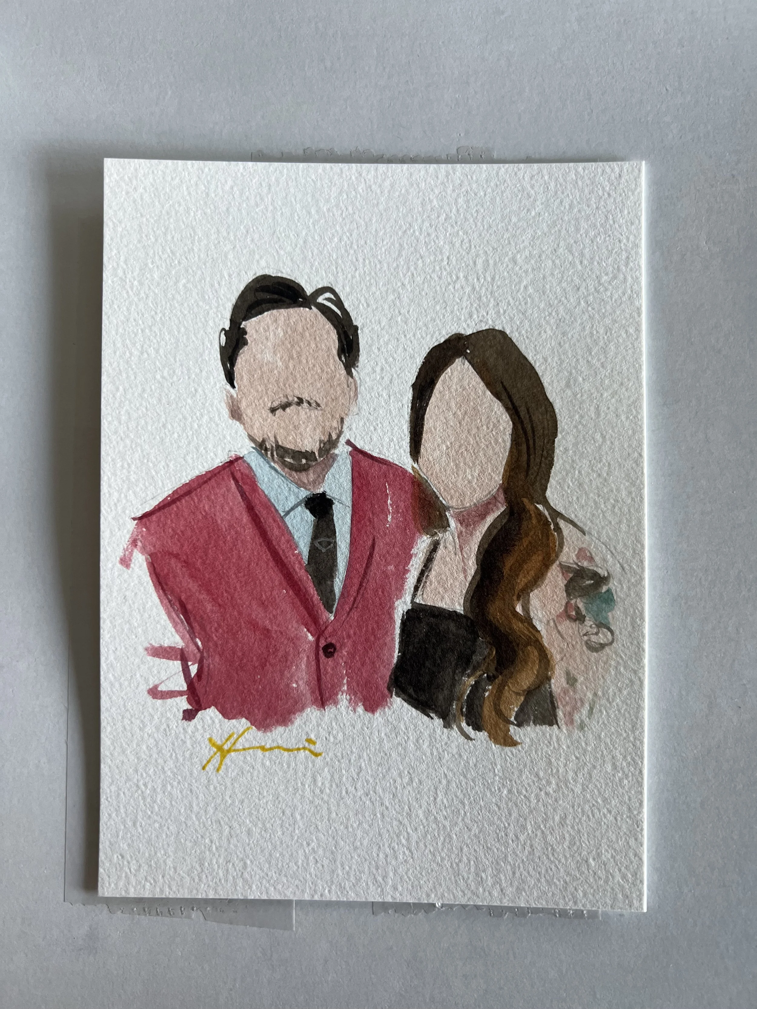 Watercolor portrait of a man in a red suit and a woman with long brown hair and a floral dress, both faceless.