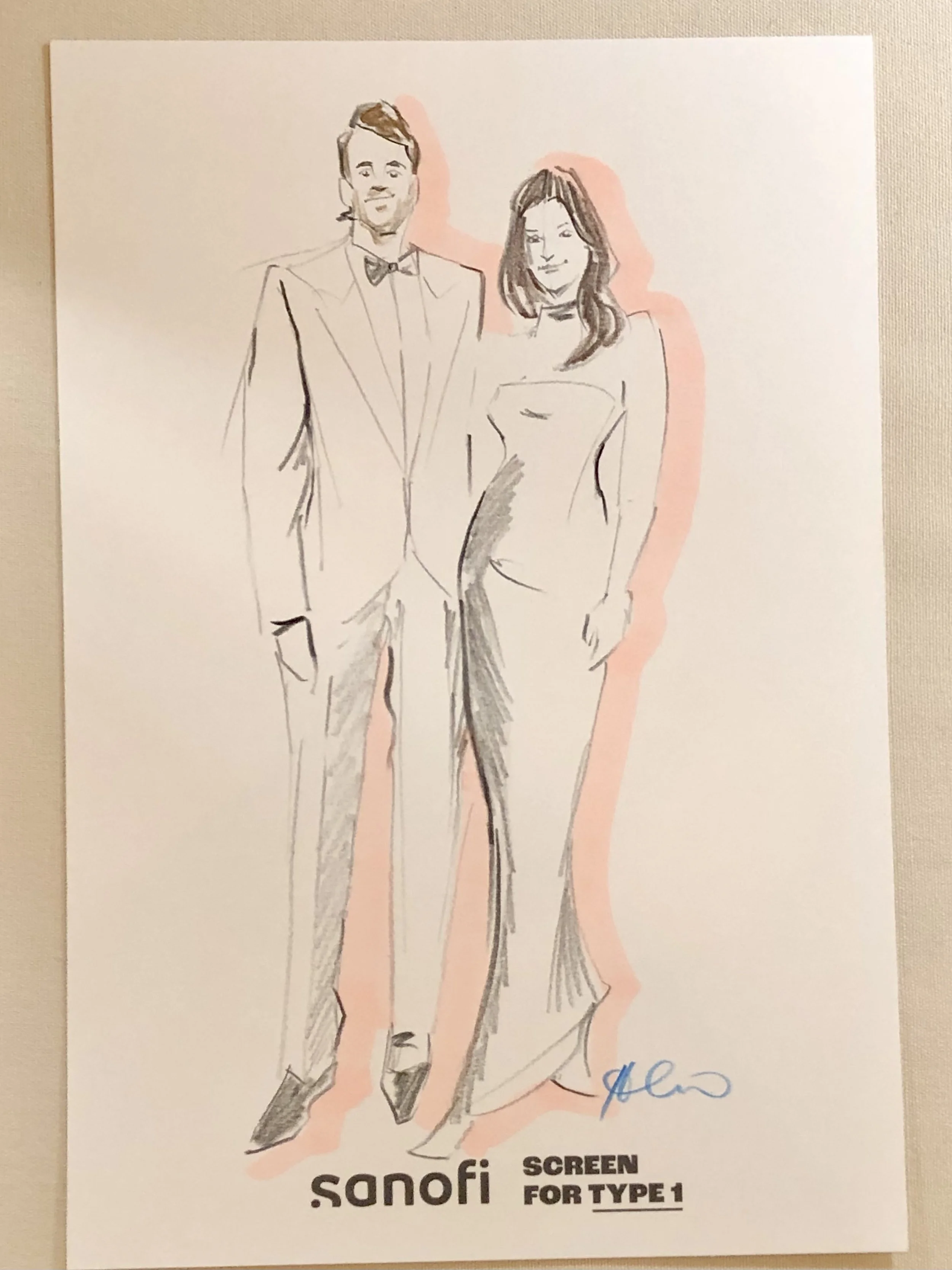 A sketch of a man in a suit and a woman in a gown, with a pink background outline, signed at the bottom right, promoting Sanofi's screen for type 1.