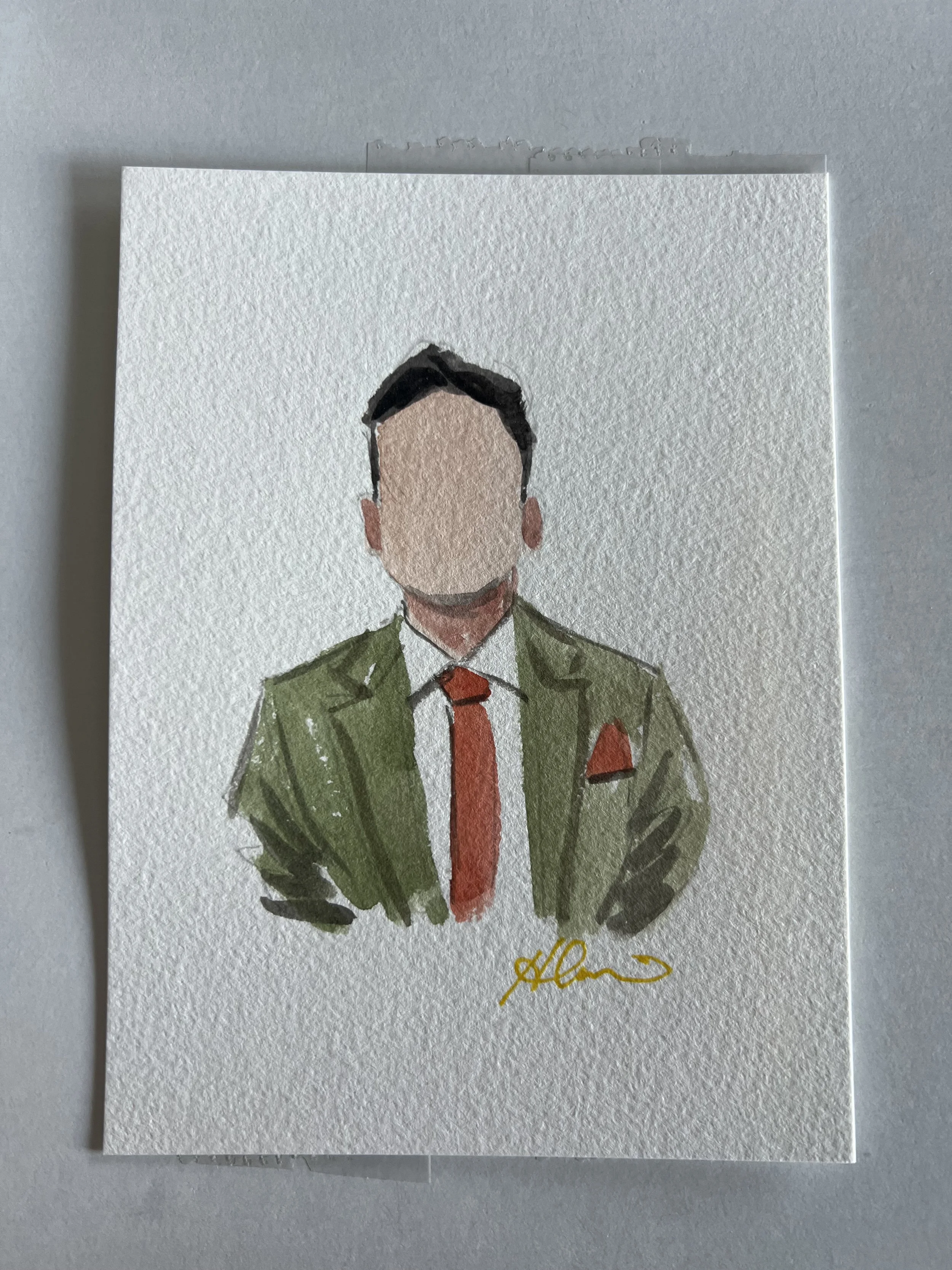 Watercolor portrait of a faceless man in a green suit, white shirt, red tie, pocket square, with a signature at the bottom.