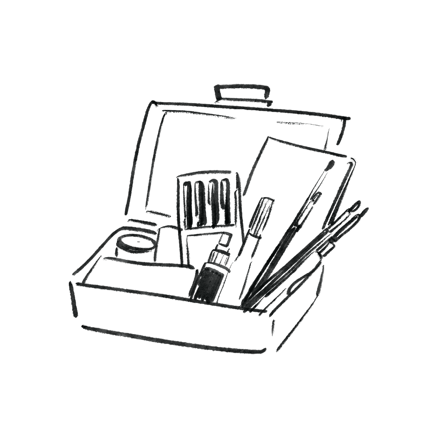 Line drawing of a first aid kit containing medical supplies and tools.