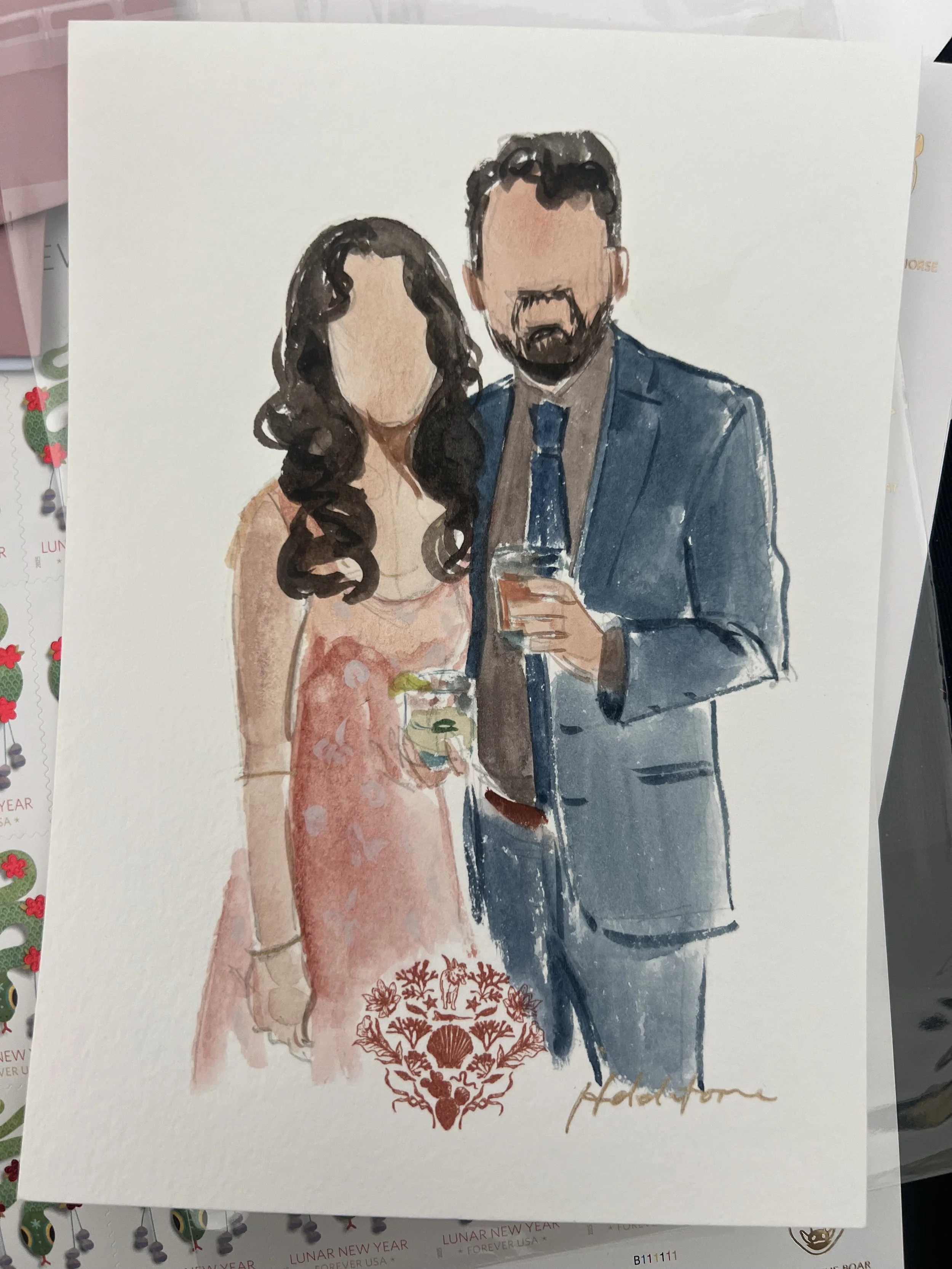 Watercolor portrait of a man in a blue suit and tie and a woman in a pink dress, both holding drinks, with faceless features on a white background.
