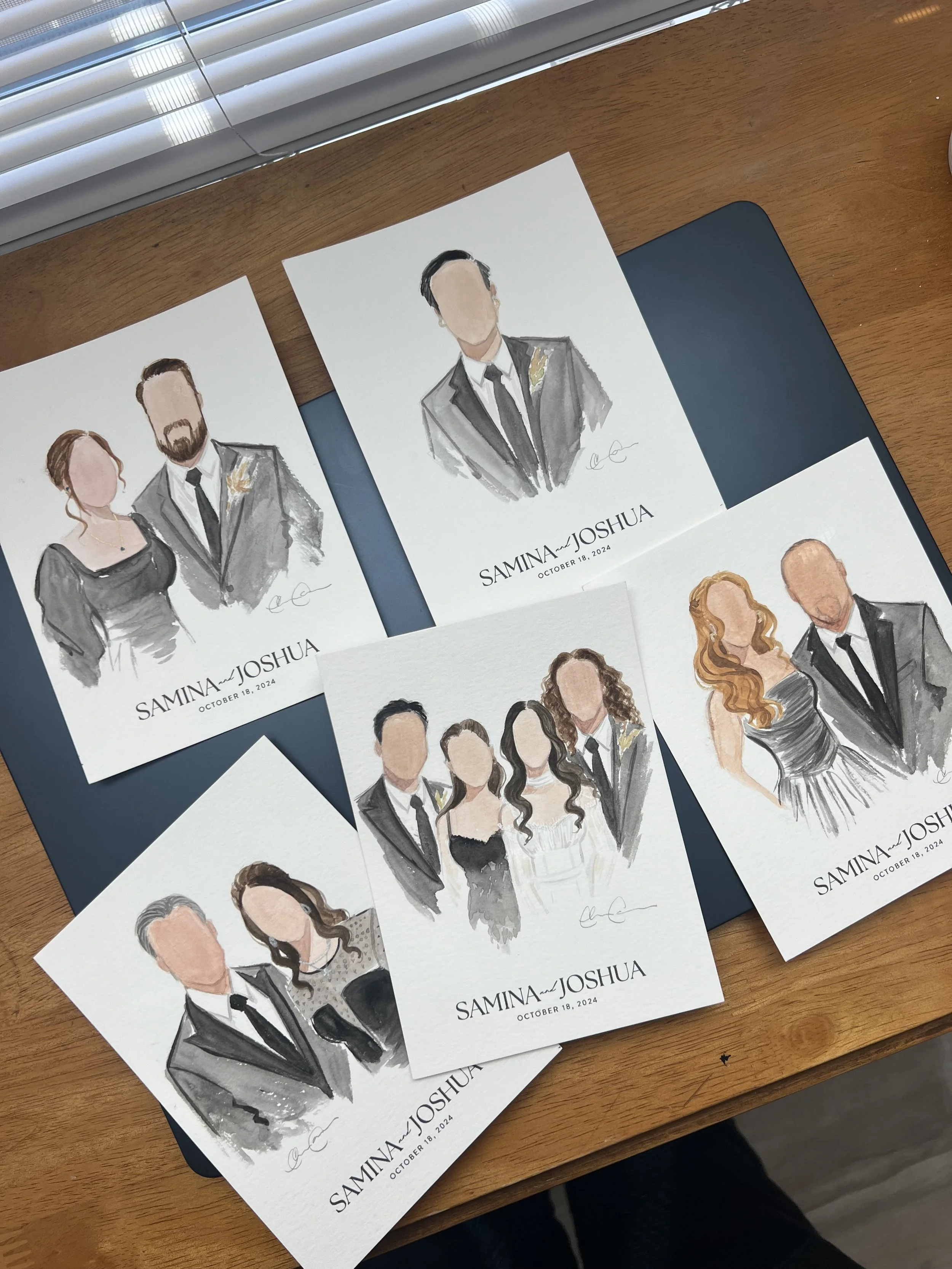 Set of illustrated wedding portrait cards featuring a couple named Samina and Joshua, with their wedding date October 18, 2024. The illustrations depict the couple and their wedding party in formal attire.