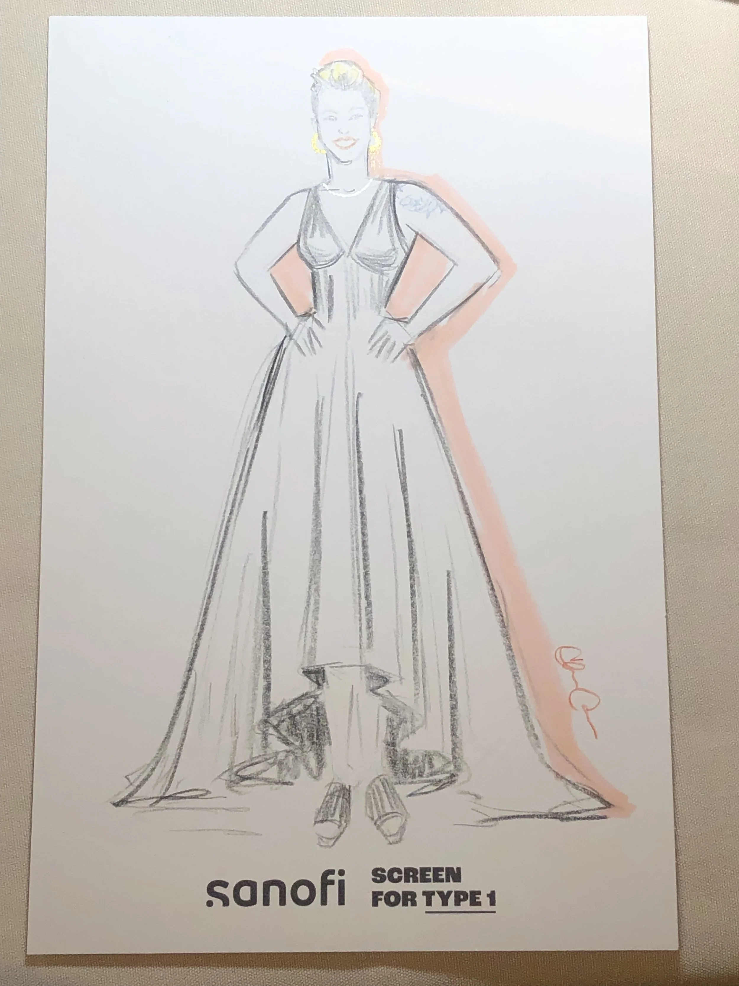 Fashion sketch of a woman in a long gown with an empire waist, wearing sunglasses, earrings, and a headscarf, with hands on hips, placed on a white background. The sketch is labeled 'Sanofi Screen for Type 1' at the bottom.