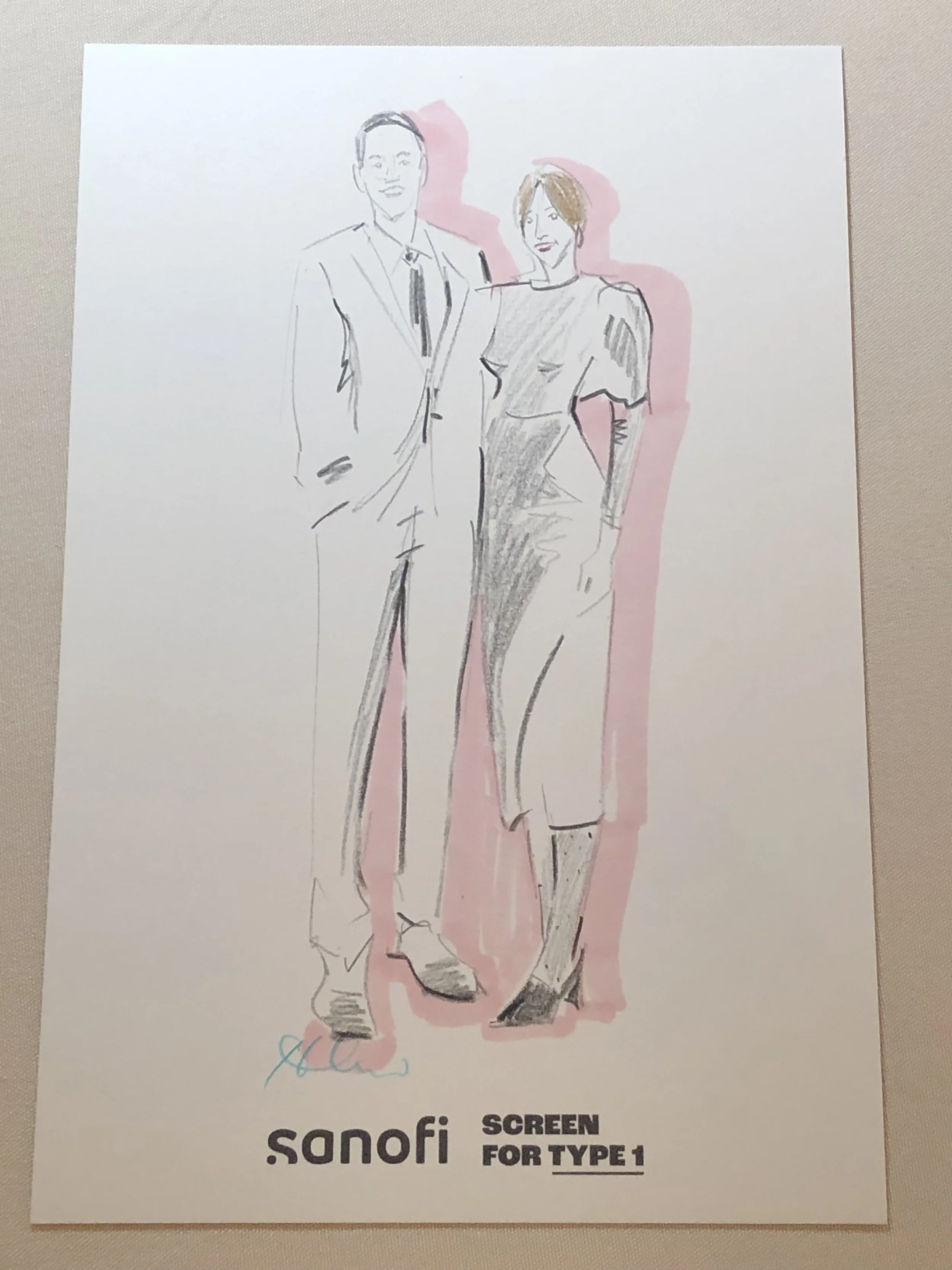 A hand-drawn illustration of a man and woman standing together. The man is wearing a suit with a tie, and the woman is dressed in a professional outfit with heel shoes. The drawing has a pink background shadow and is signed at the bottom. Text at the
