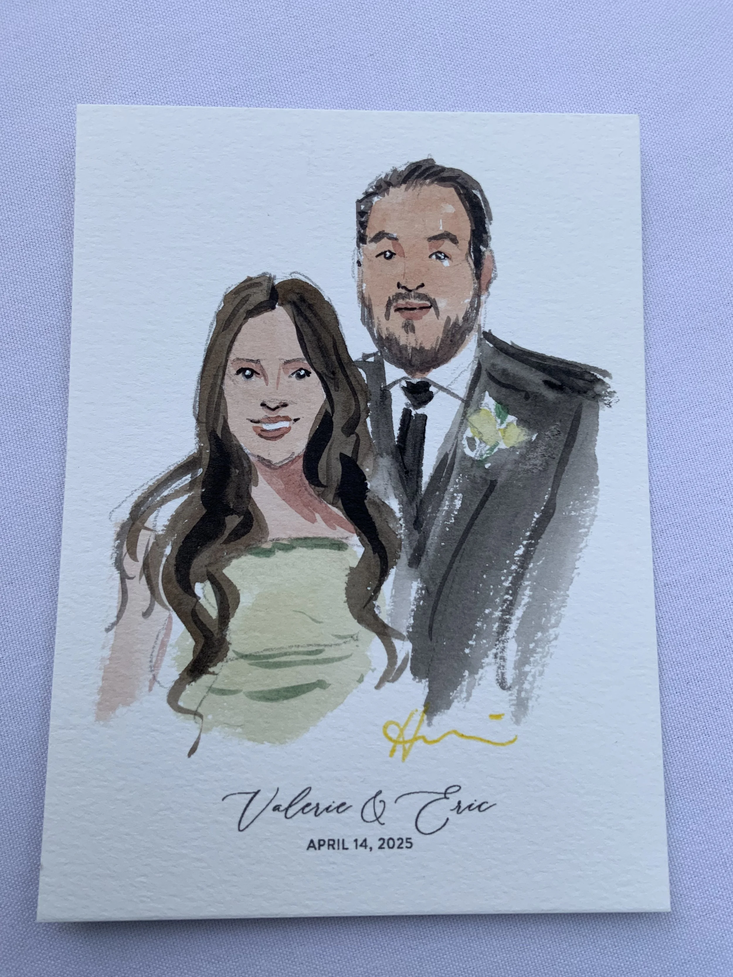 A watercolor portrait of a couple, a woman with long wavy brown hair and a man with a beard, dressed in formal wedding attire, with the date April 14, 2025, and the names Valerie & Eric written below.