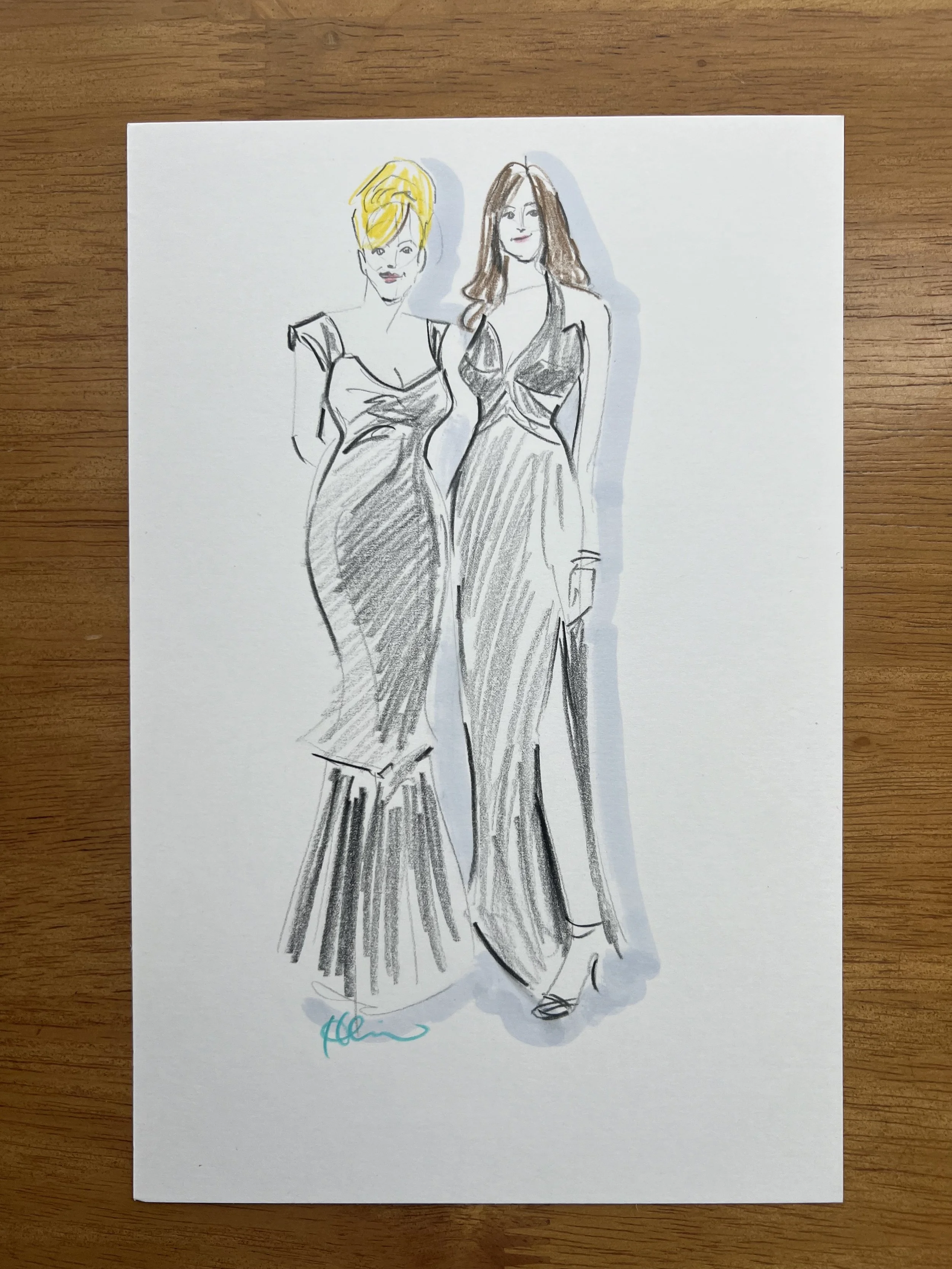 Sketch of two women in glamorous dresses, one with short blonde hair and the other with long brown hair, both standing confidently.