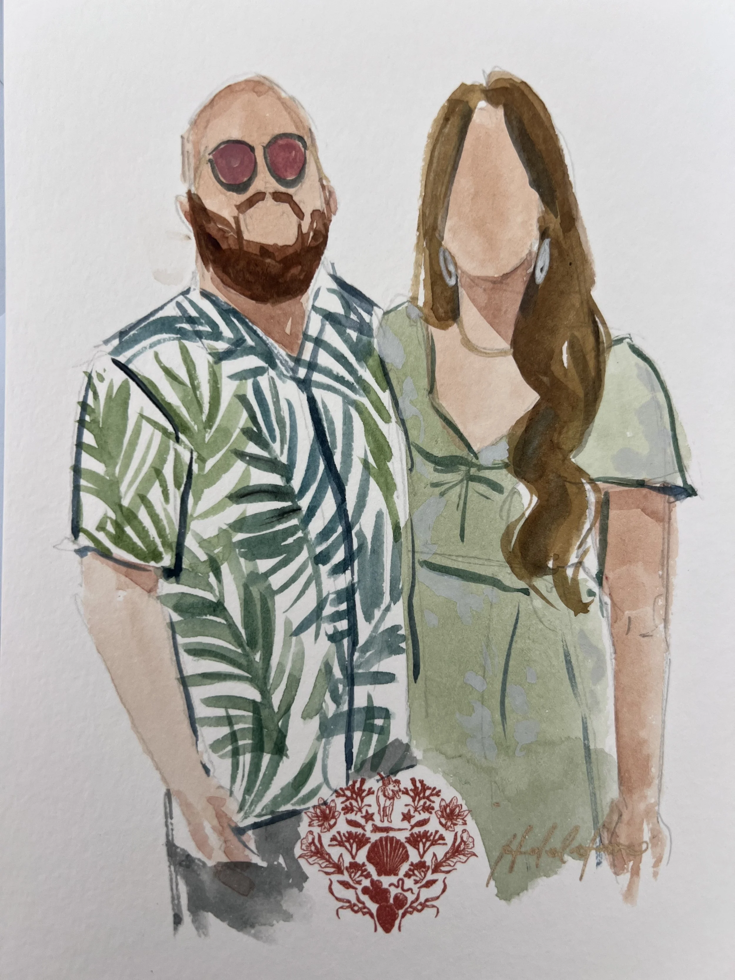 Watercolor painting of a man with a beard and sunglasses wearing a green tropical shirt and a woman with long brown hair, faceless, wearing a light green dress, standing together.