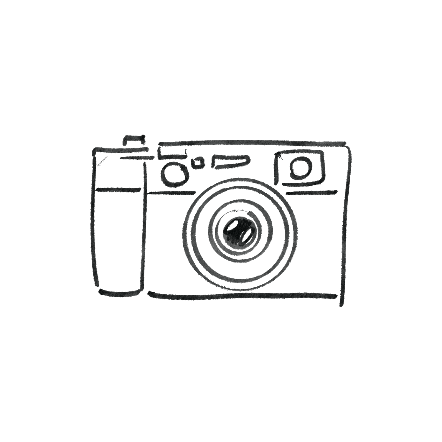 A simple line drawing of a vintage camera with a large lens and a flash or viewfinder on top, along with a tall glass of beverage, possibly a soda.