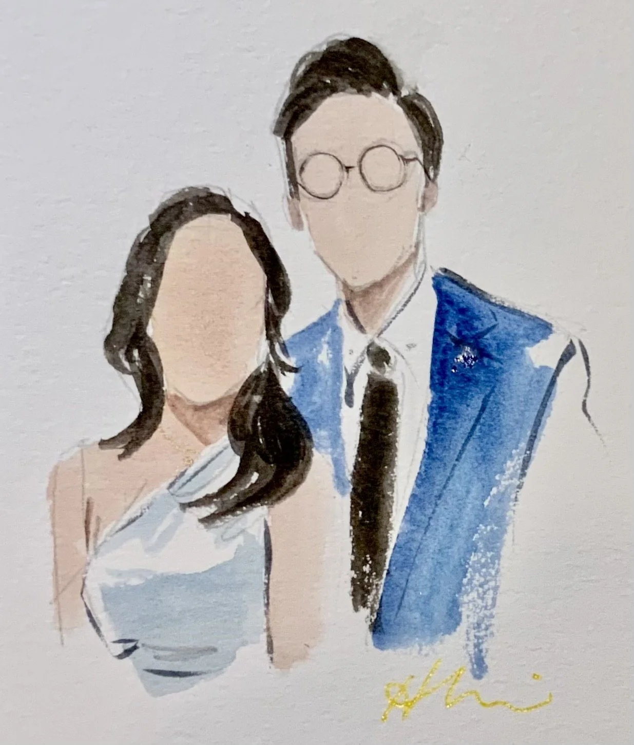 Watercolor illustration of a man and woman with faceless features, dressed in formal attire, standing close together.