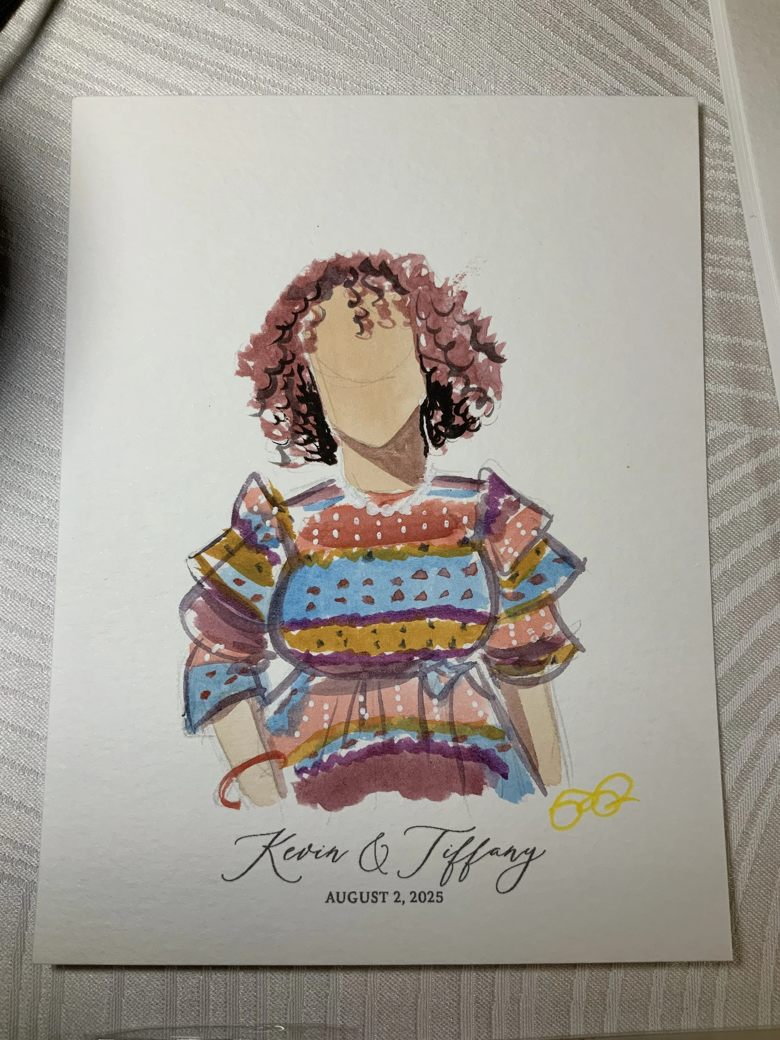 Watercolor illustration of a woman with curly hair wearing a colorful, patterned dress. The illustration lacks facial features. Text at the bottom reads "Kevin & Tiffany, August 2, 2025."