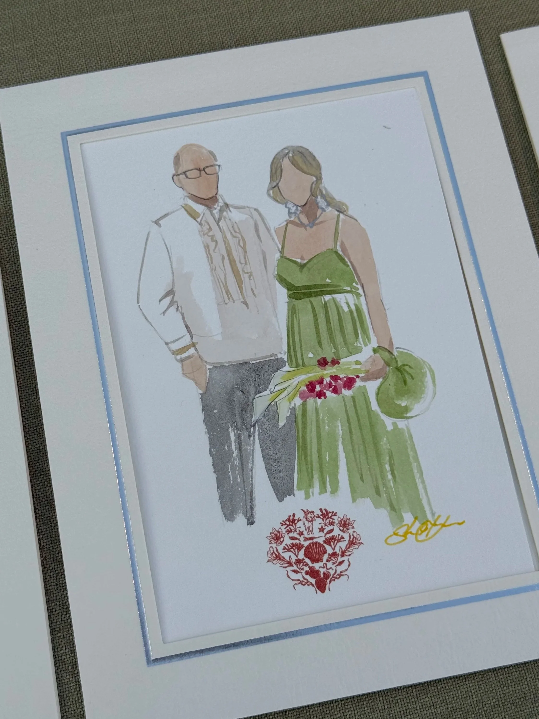 A watercolor-style illustration of a man in a white jacket and glasses standing next to a woman in a green dress holding flowers and a bag.