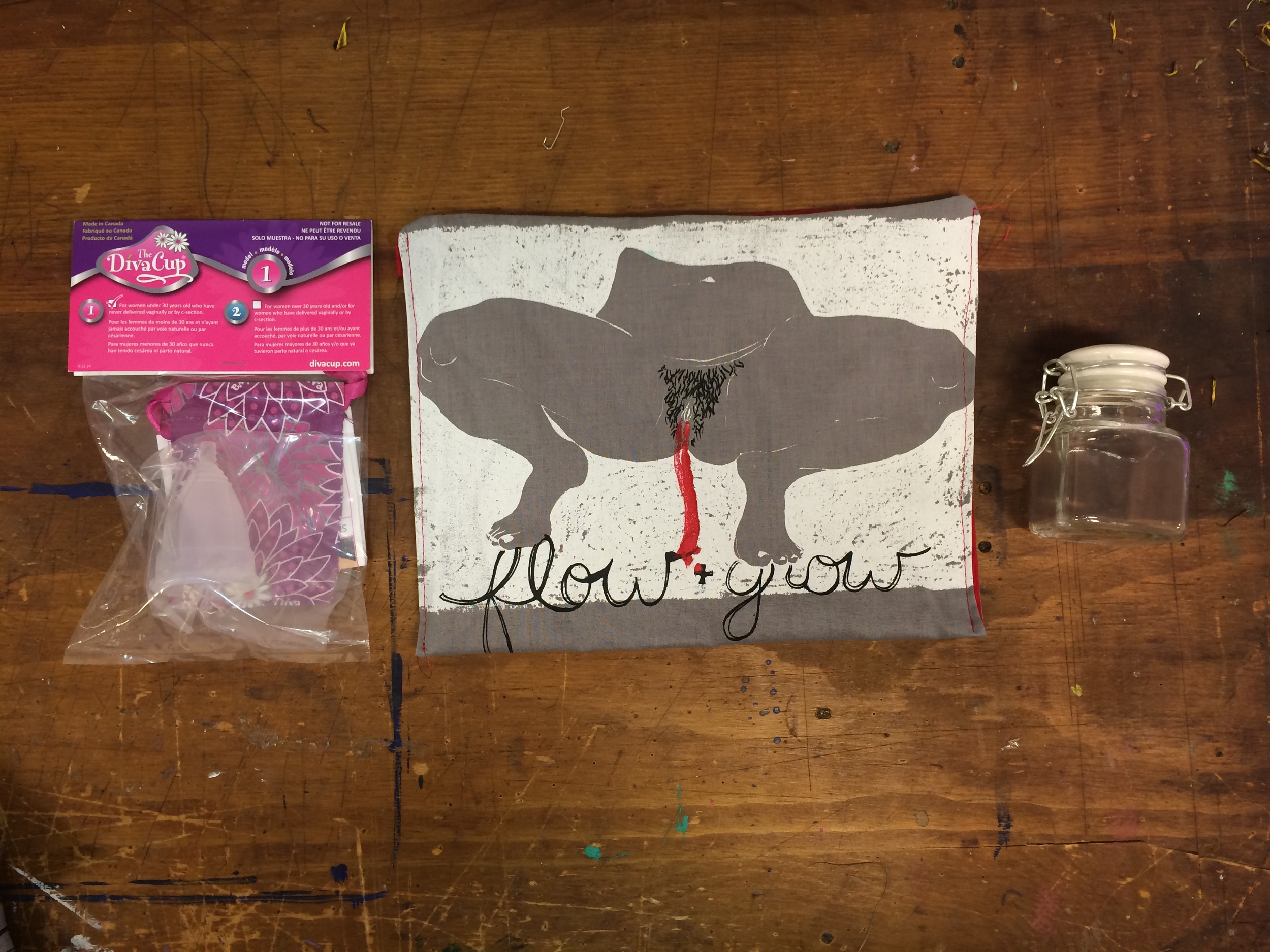Each kit included a Diva Cup and collection jar inside a handmade pouch.