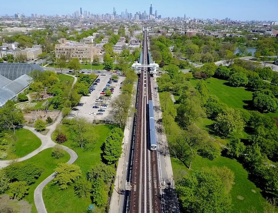 The view from a drone above Chicago's Green Line in Garfield Park.