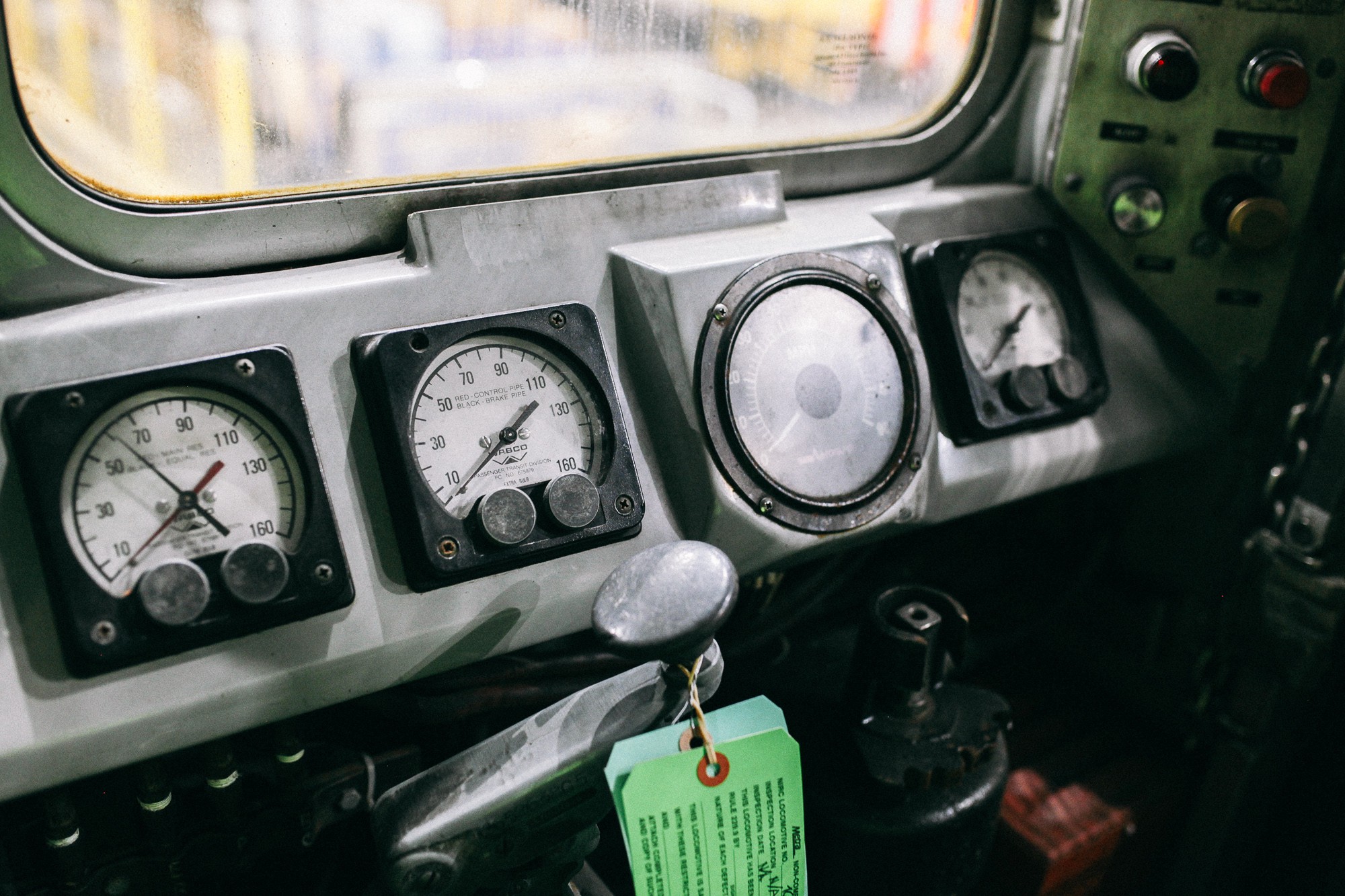 Detail of the conductor seat in an older rail car which are called High Liners by Metra employees.