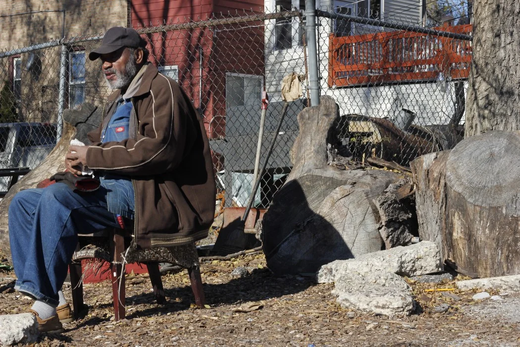 ‘Old Man Munchie’ sits in one of the North Lawndale lots adopted by Men Making a Difference.