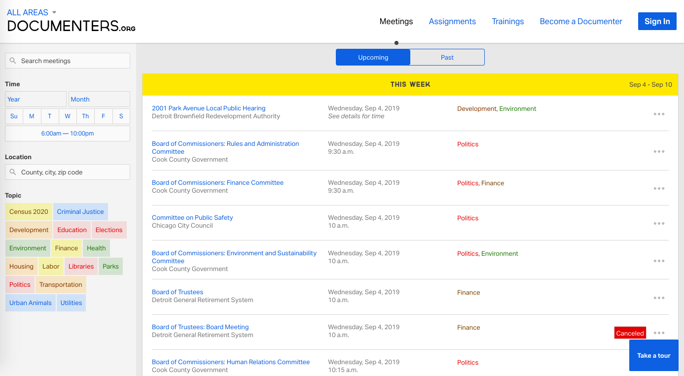 Locations, dates, times and official records for local public meetings will be added to City Bureau’s Documenters.org transparency tool.