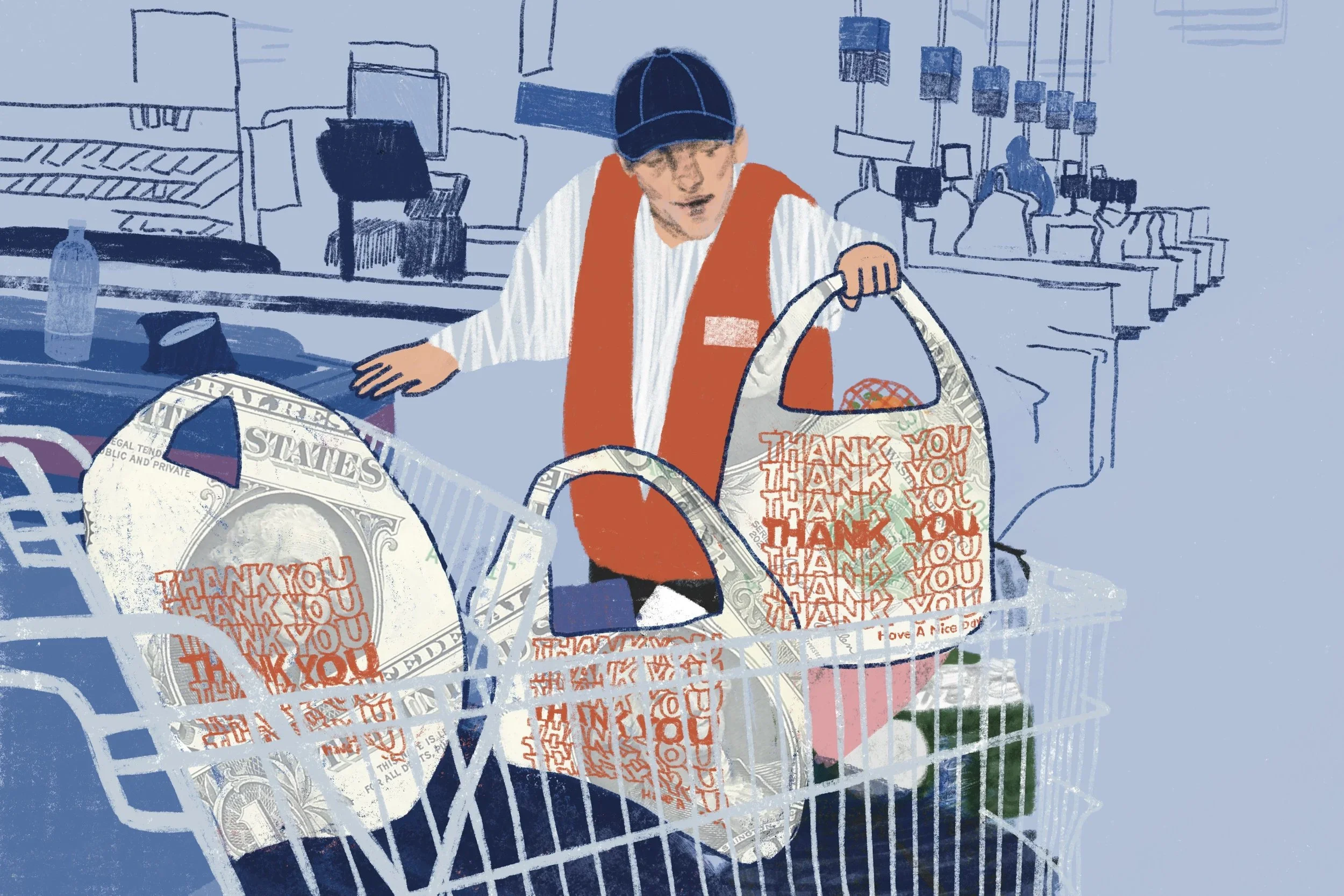 An employee loads grocery bags in the shape of dollar bills into a basket, representing the taxes people pay for single use bags