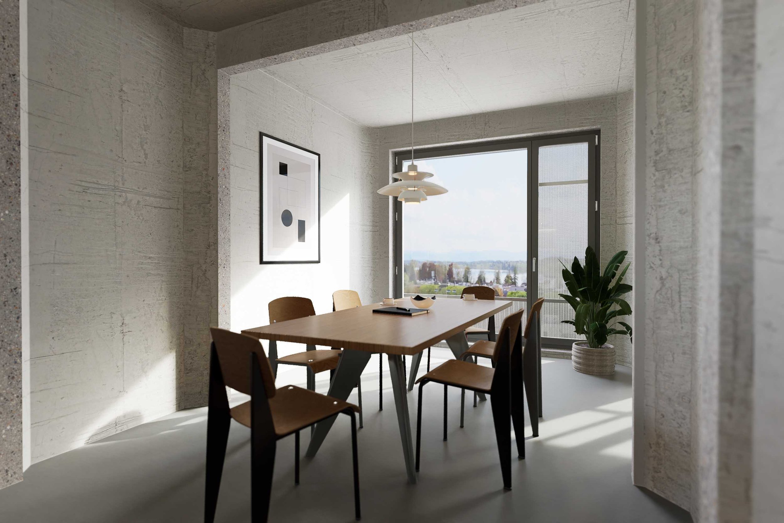 Visualisierung Esszimmer mit Aussicht, von der Küche gesehen (Wohnungen B-D)