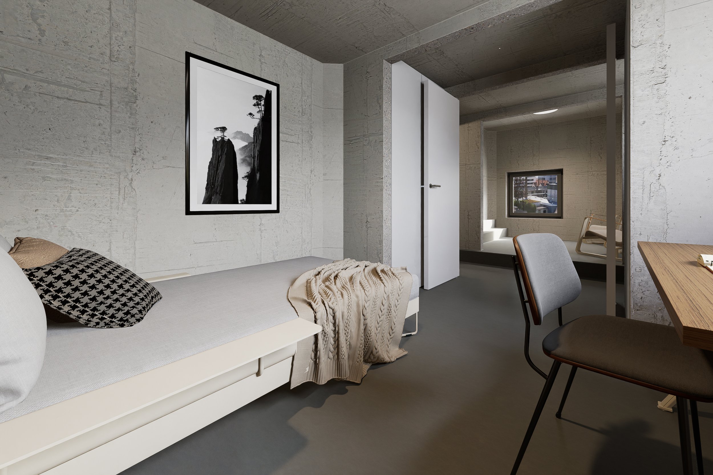 Visualisierung Schlafzimmer (West) mit Blick ins Studio (Wohnungen B-D)