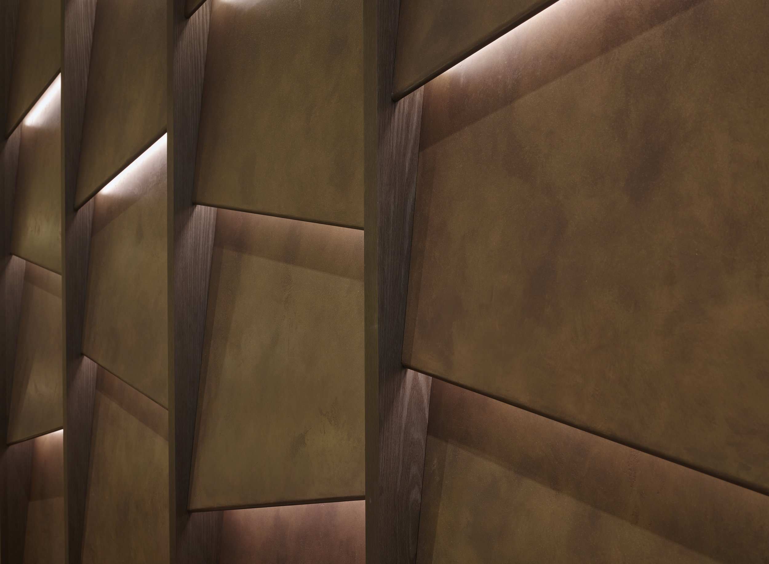 Rear Wall of Hilton Milan Hotel Reception Desk - in Oikos Vintage Metal