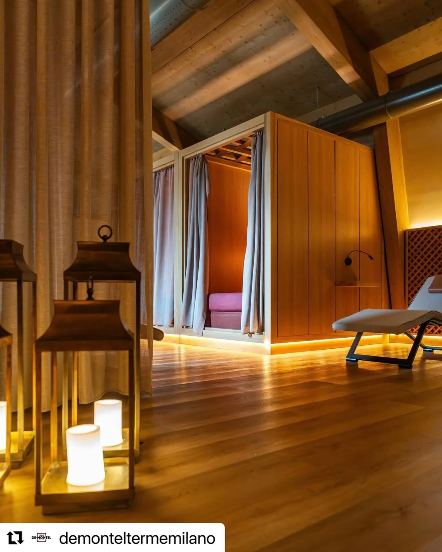 The relaxation rooms at @demonteltermemilano are designed to slow you down and help you listen to your body. Their design blends natural materials, soft lighting, and calming textures to create a sanctuary where every detail supports deep rest and qu