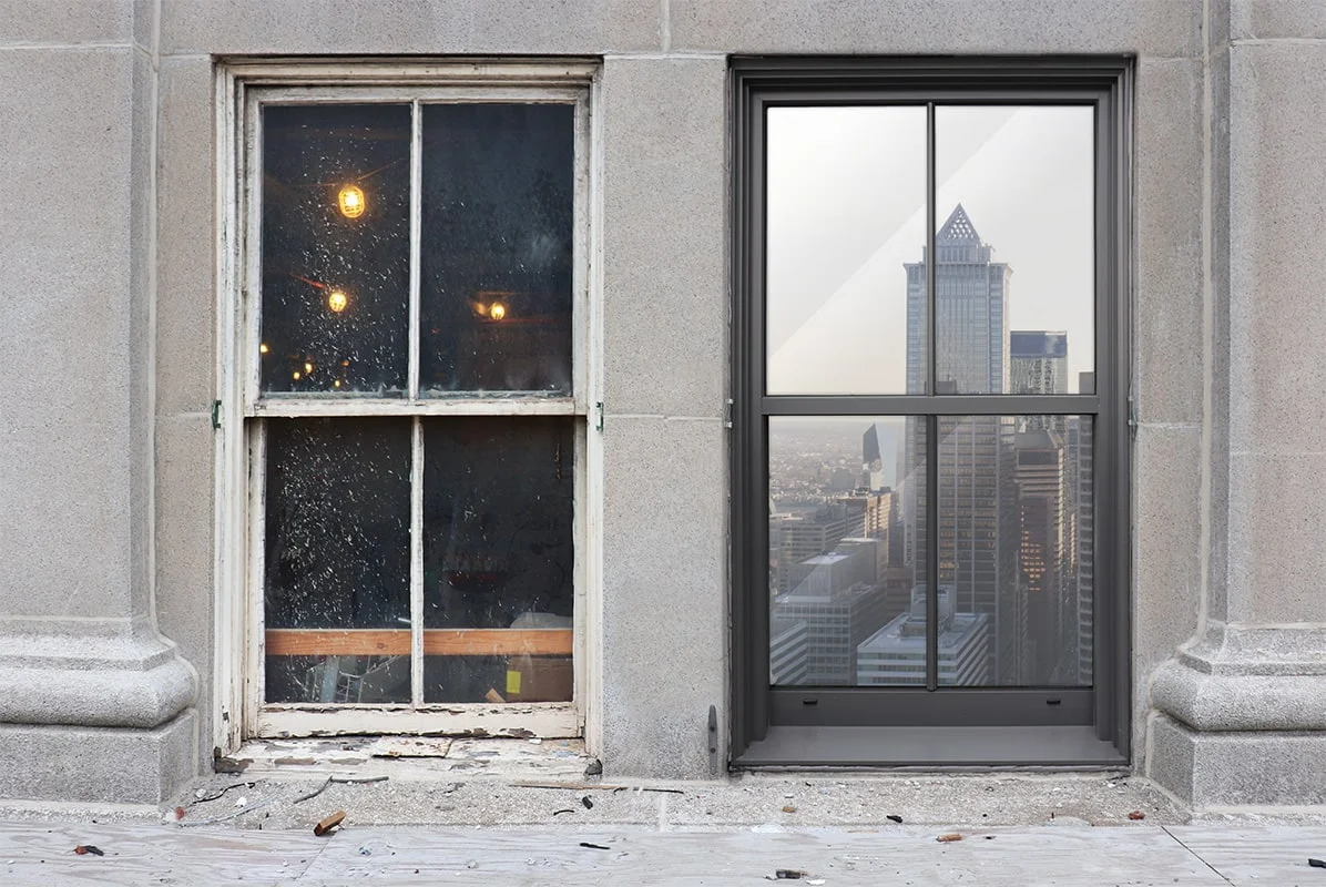 A side by side comparison of an original window and its reproduction by Vetrina