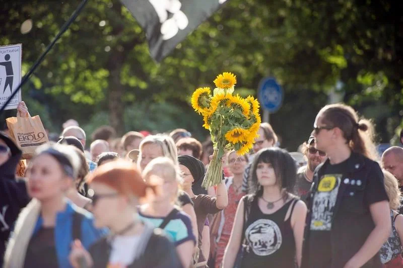 Demonstration against racism (me with sunflowers), Jyväskylä, august 2015. Photo: Usva Torkki