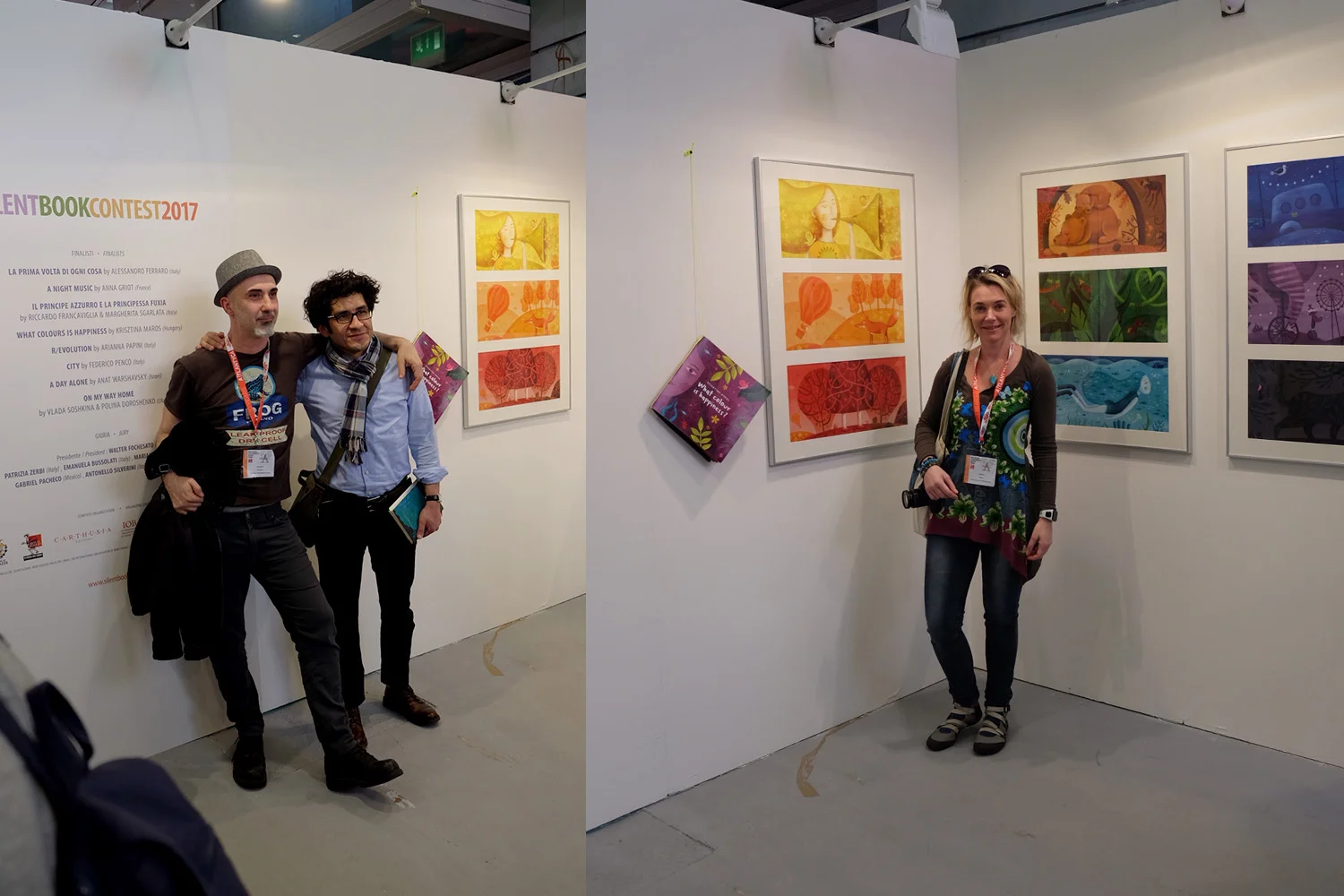 On the left: Antonello Silverini and Gabriel Pacheco from the Silent Book Contest 2017 jury, on the right: me in front of my work