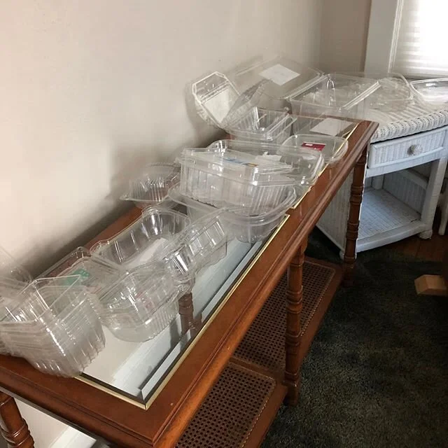 Clam shell project underway. 220lbs needed. Please save, clean and drop off your plastic. Collecting clamshells at my house, my spare room is gradually being inundated with the plastic. #reduce #refuse #recycle 
#sculpture #installation #artactivist 