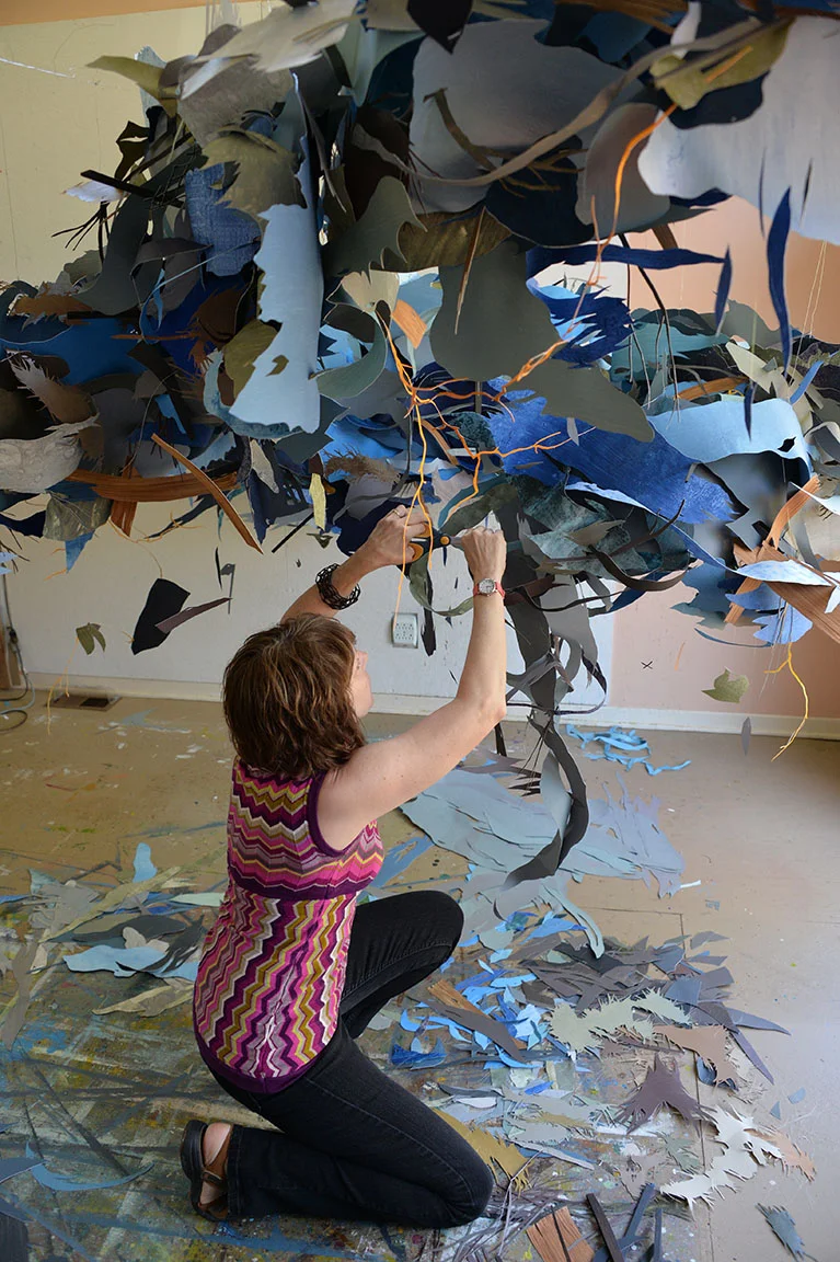 Debris Cloud Cut painted paper Candid of work in progress