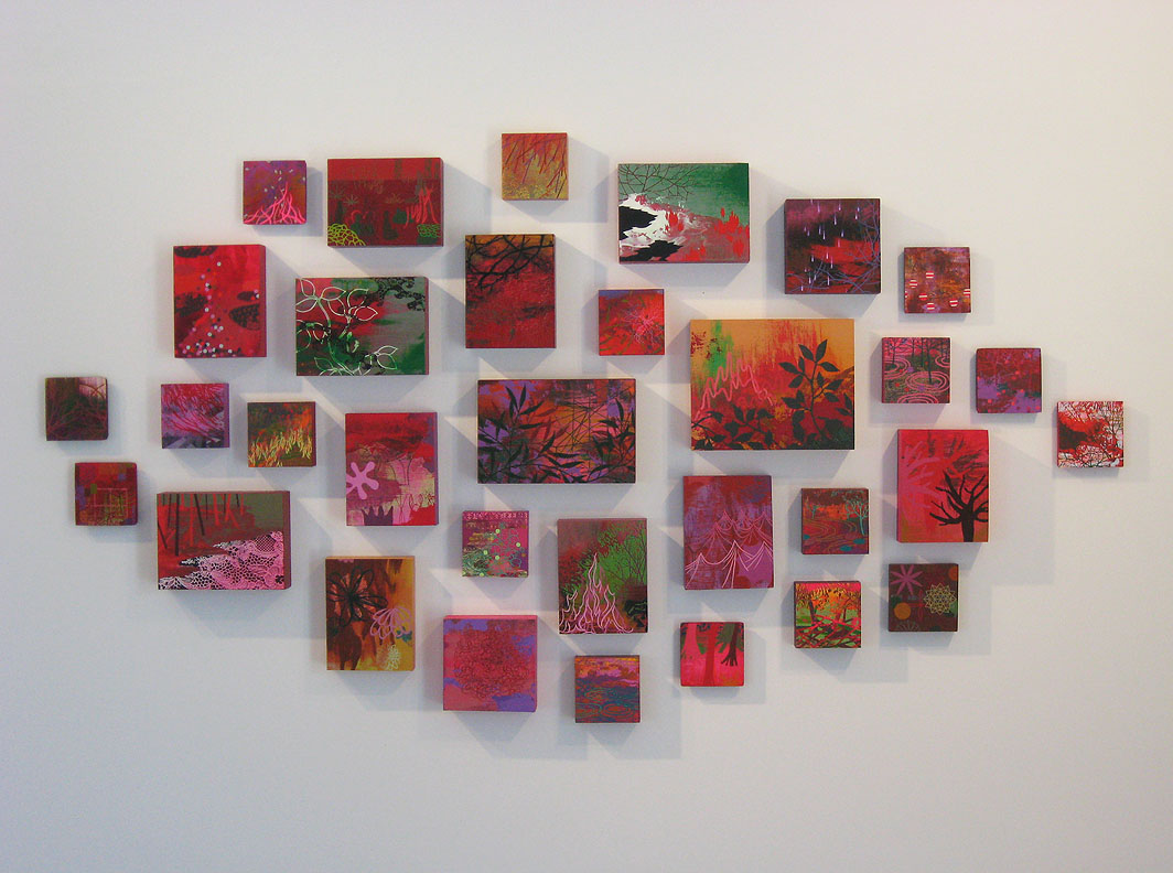 Nature Grid -Grouping of small acrylic paintings on panel in assorted sizes, Dimensions are variable, 40 x 70 x2" shown