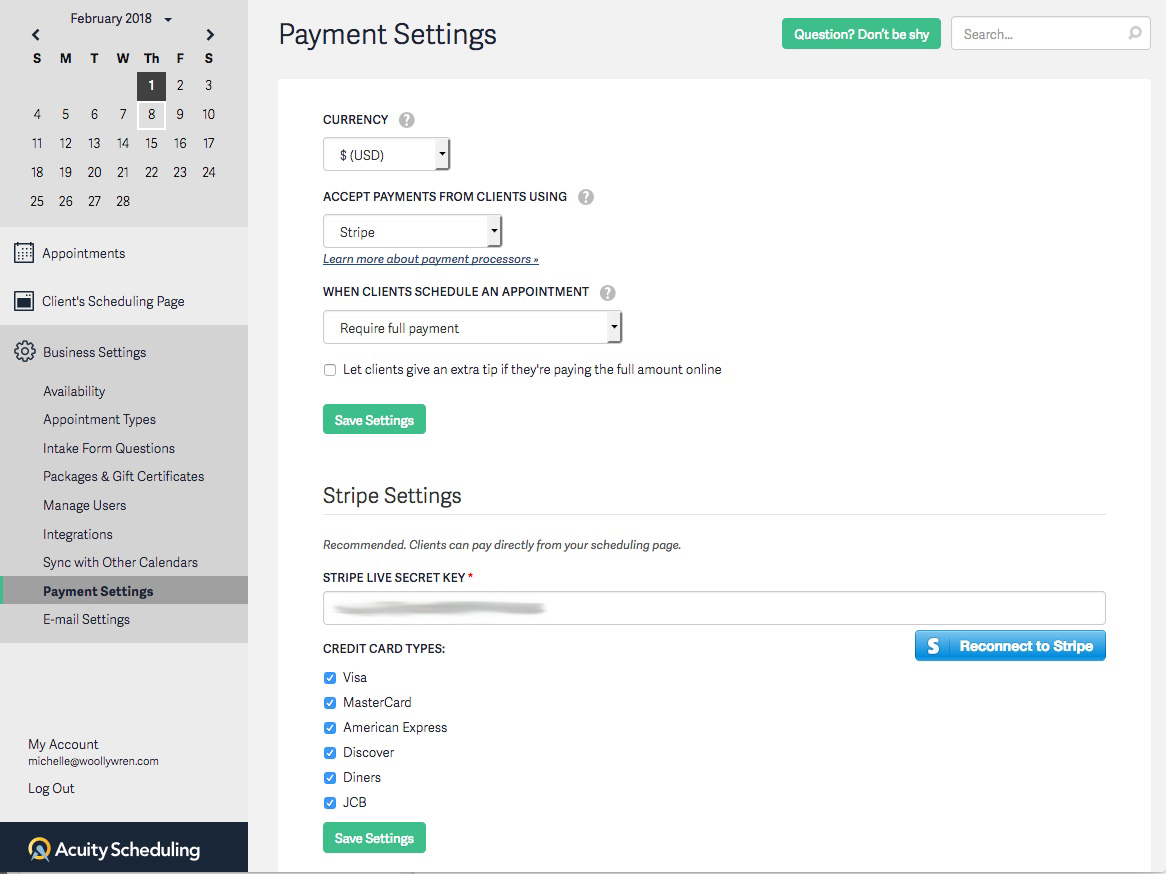 Here's a screen grab of the Payment Settings page. The "live secret key" comes from signing up with your processor (PayPal, Stripe, Square, etc.), then you enter it here and payments are processed automatically.