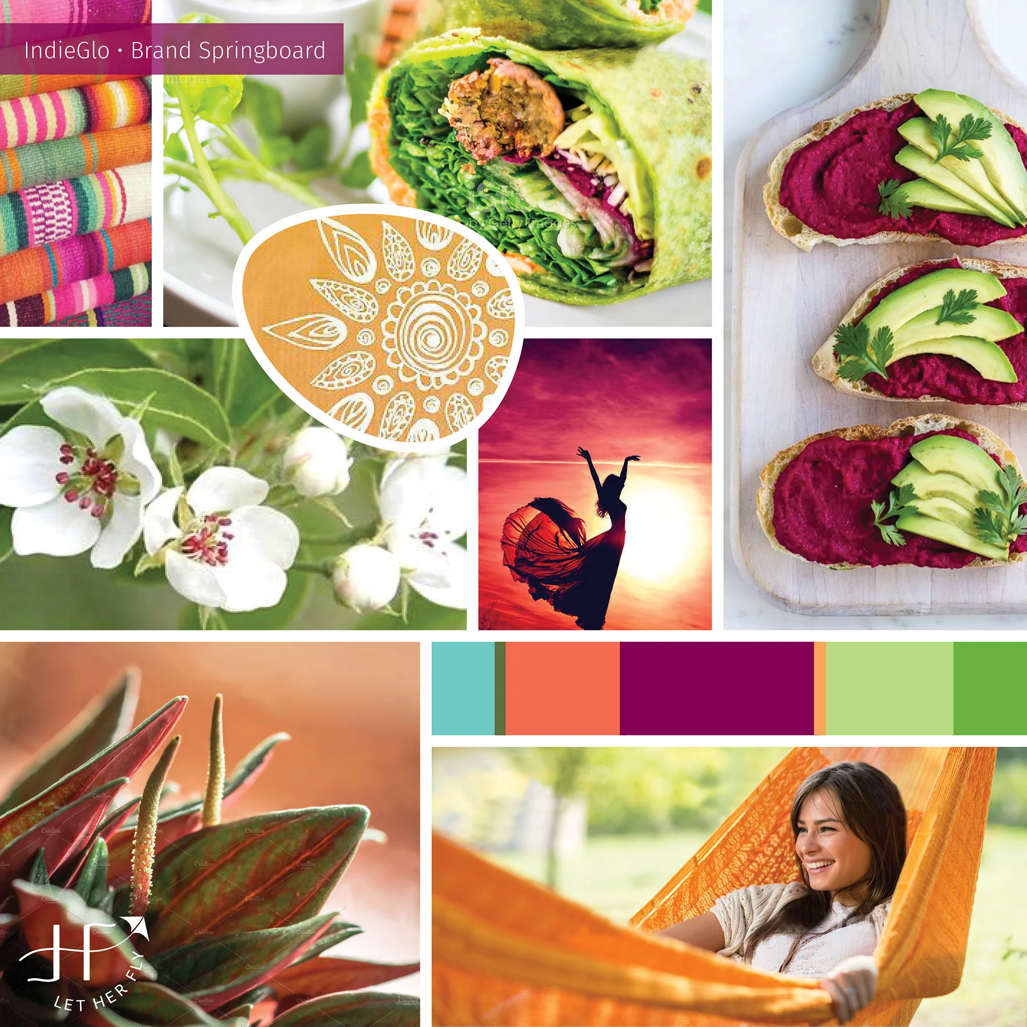 As I poured over Suzy’s detailed feedback from our consultation and her worksheets, I honed in on the keywords fresh, vibrant, confident and bohemian for her unique brand. She has a bohemian air to her that is definitely a differentiator in her industry and something we wanted to capitalize on. Originally our primary colors were beet and green. Beet is a blend of red and purple representing strength, warmth, and action, and green is for harmony, balance, and restoration. As you can see, we switched the green into a secondary brand color and embraced the papaya orange for more of a nurturing, energetic, exotic feel.
