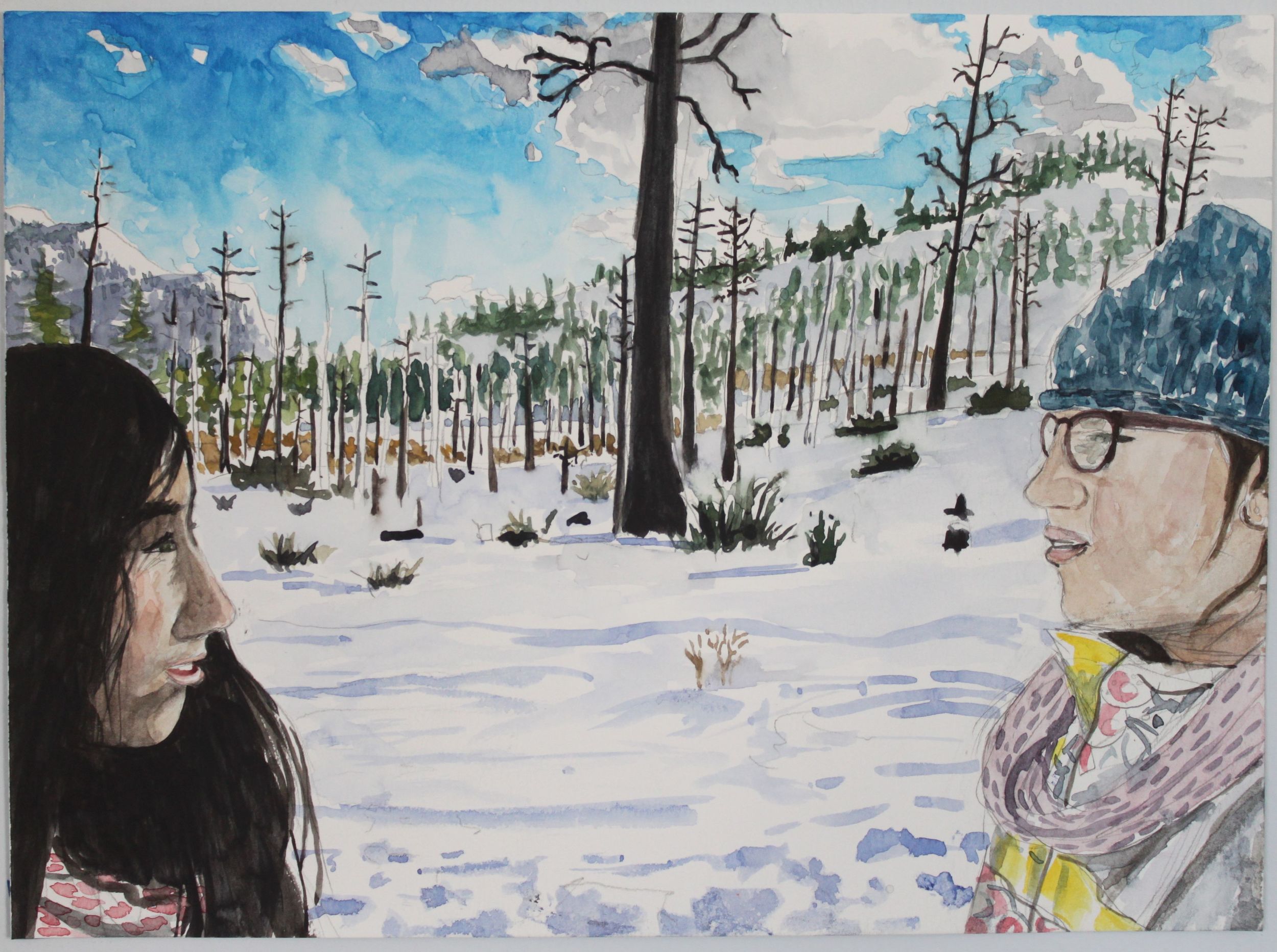 Chloe and Clementine in the Snow, 2016, watercolor, 11 x 14 in.