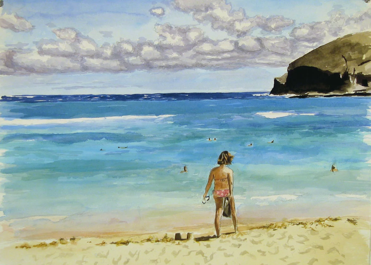 Ramona Walking on the Beach, watercolor & acrylic on paper, 2006, 22 x 30 in.