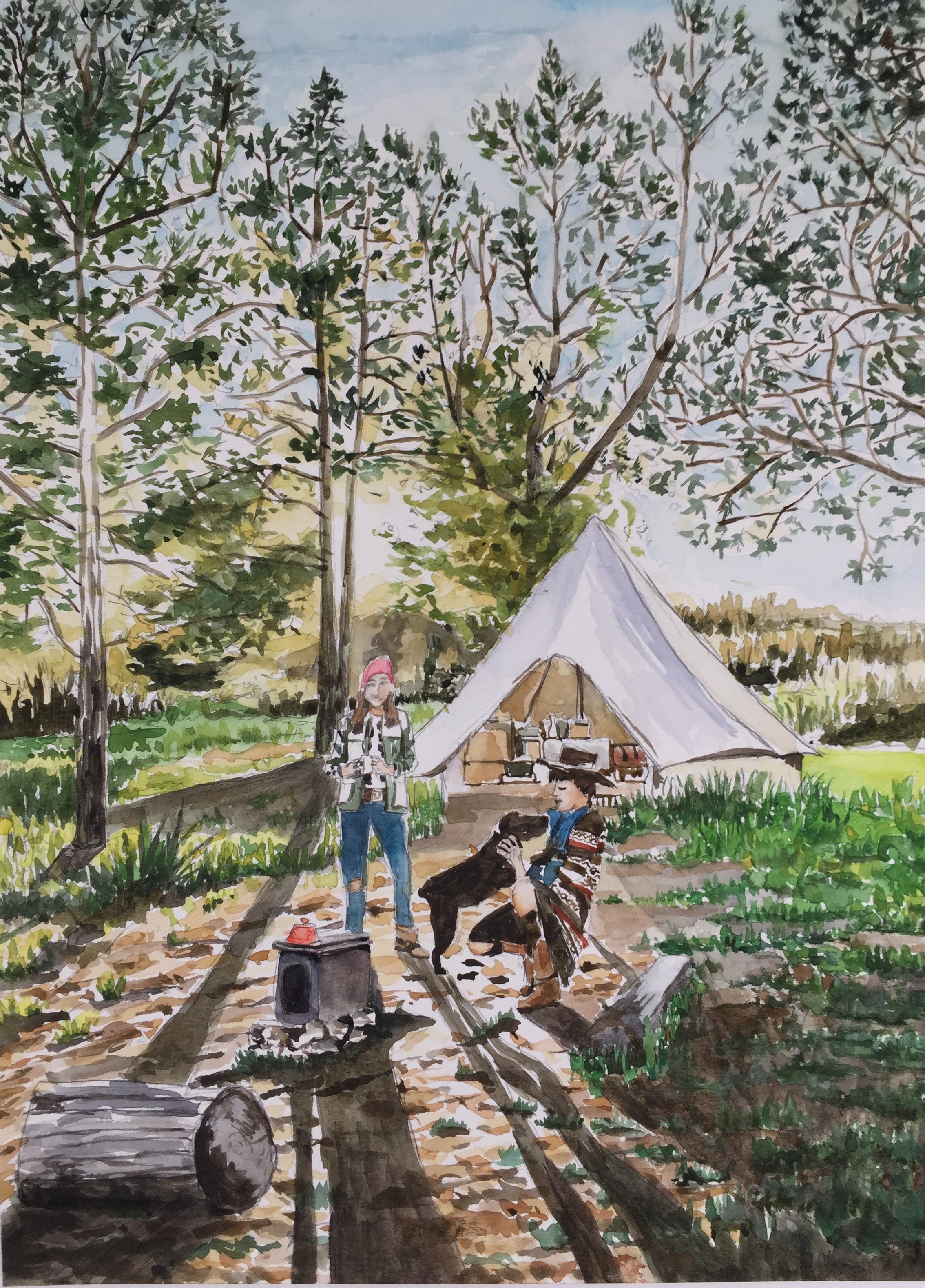 Camp with Dog, 15 x 11 in, watercolor.jpg