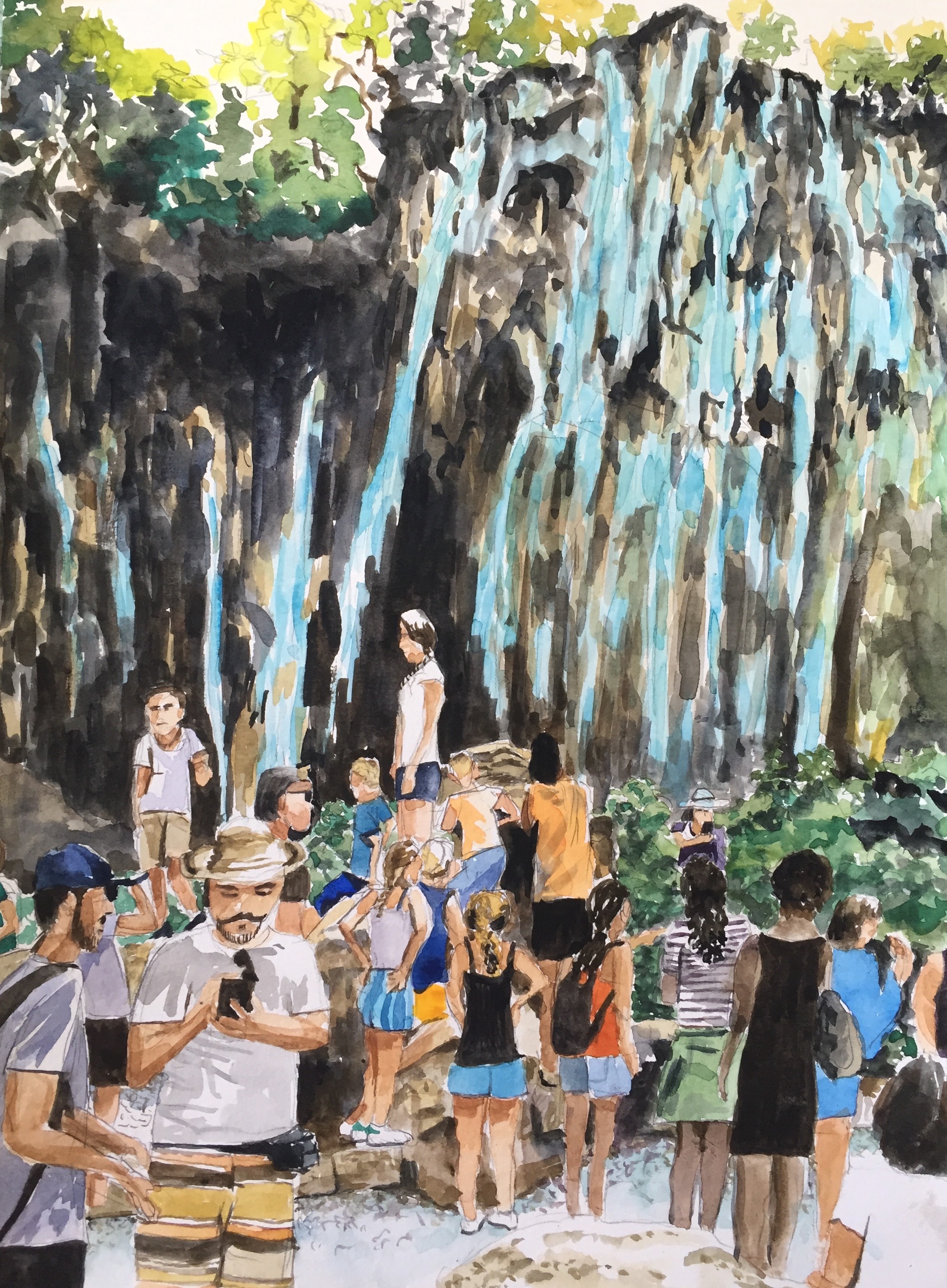 Waterfall Crowd, Croatia, 2018, 15 x 11 in, watercolor