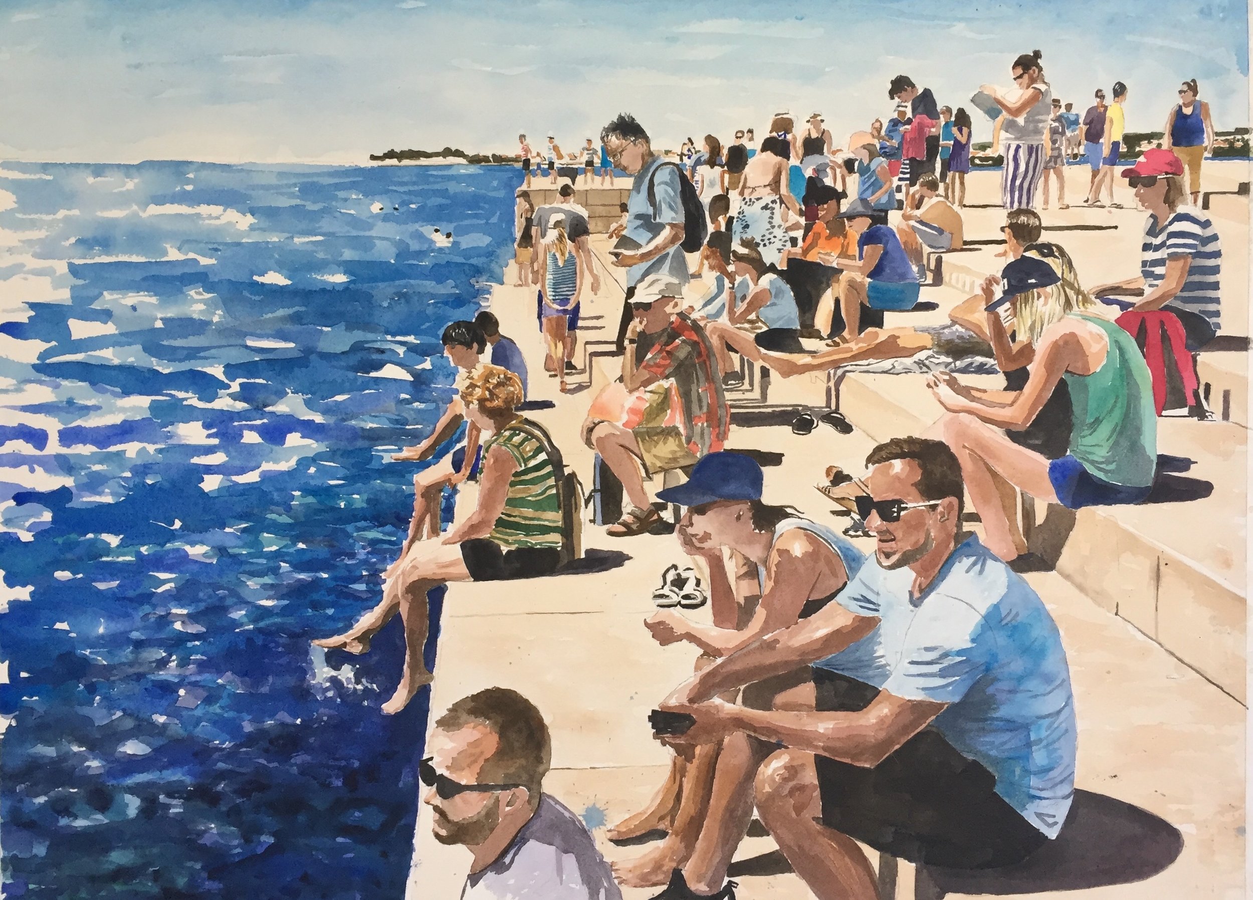 Seaside crowd, Zadar, Croatia, 2019, acrylic on paper, 20 x 30 inches