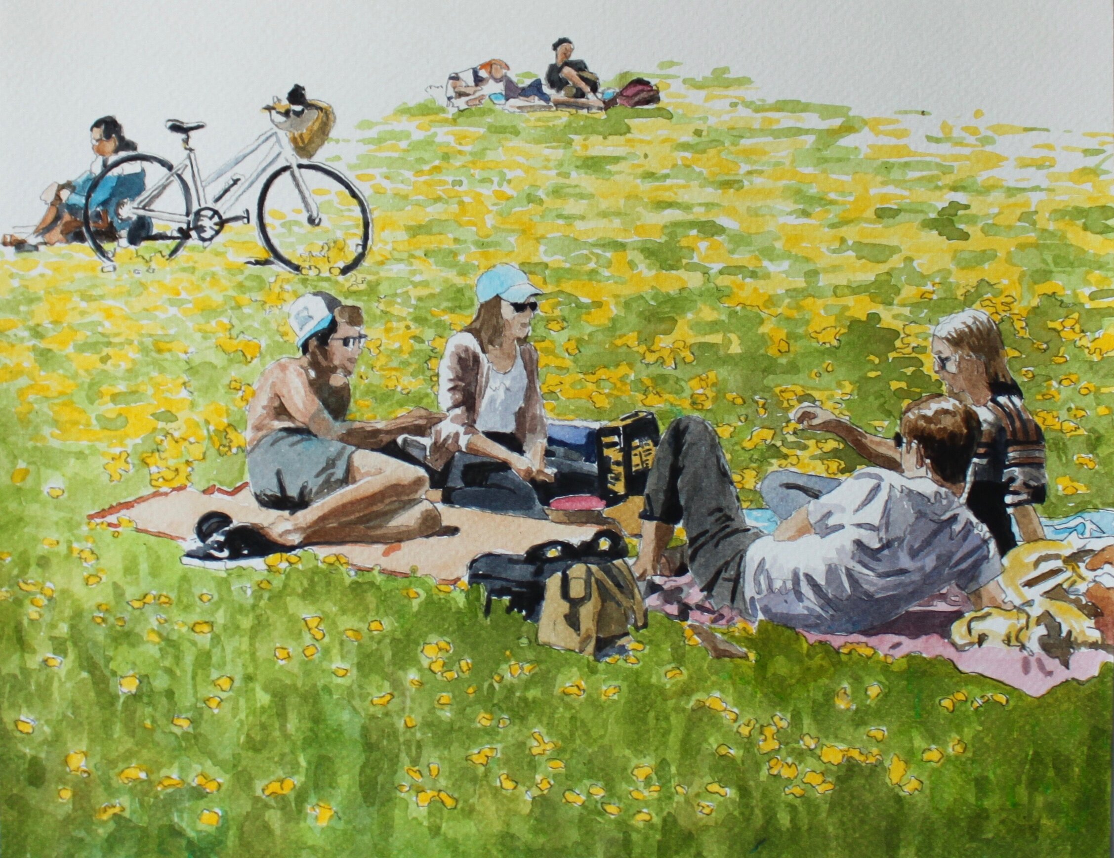 Untitled, People Picnicking, 2020, 10 x 14 inches, acrylic on paper