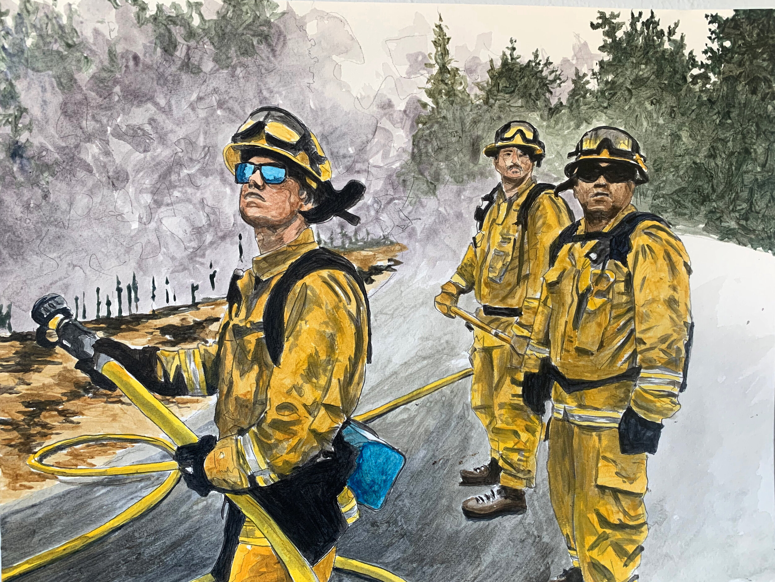 Untitled, Firefighters 3, 2020, acrylic on paper, 12 x 16 inches