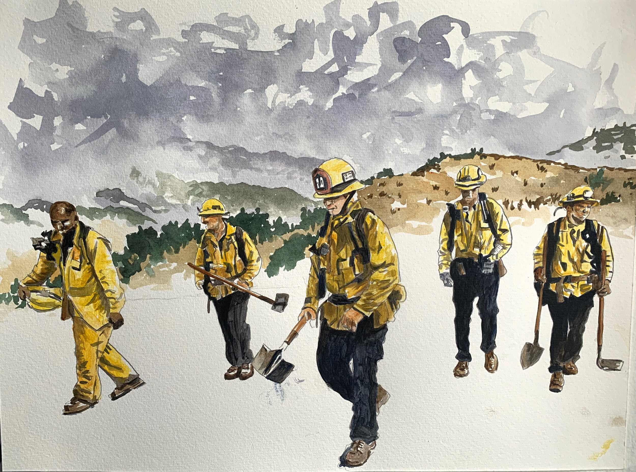 Untitled Firefighters, 2020, acrylic on paper, 12 x 16 inches