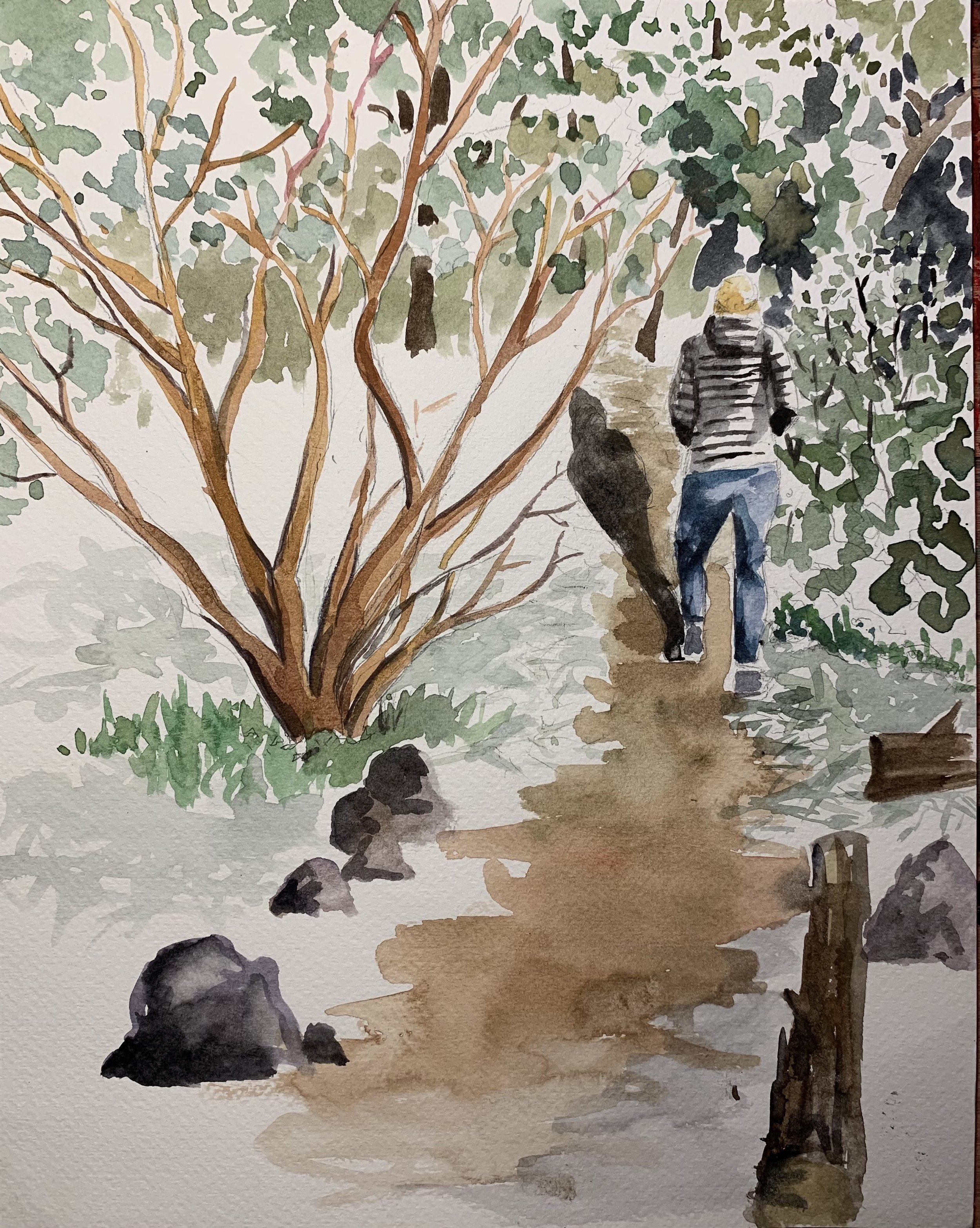 On the trail at the Meyers', 2022, watercolor, 14 x 11 inches